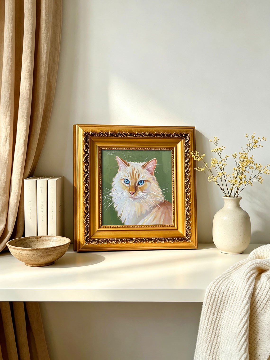 Long‑Haired Cat with Bright Blue Eyes Portrait custom oil painting from photo, gift for friend, Size 4"×4"