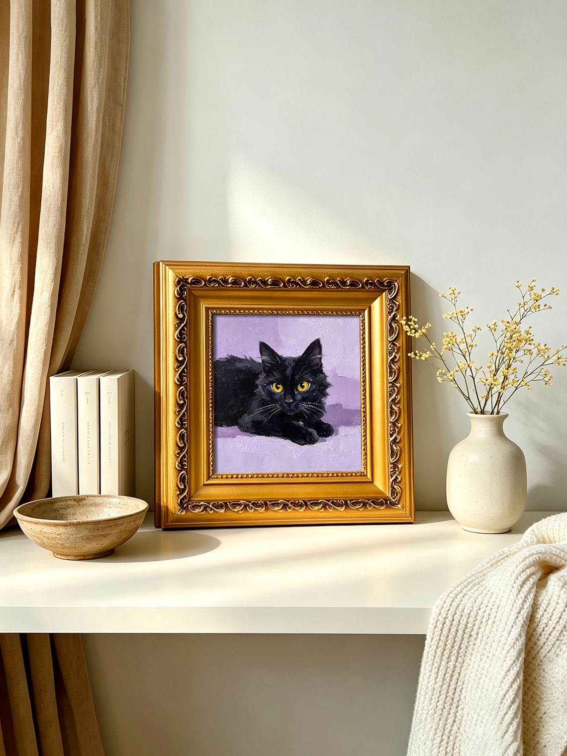Lying Fluffy Black Cat with Golden Eyes Portrait custom oil painting from photo, gift for friend, Size 4"×4"