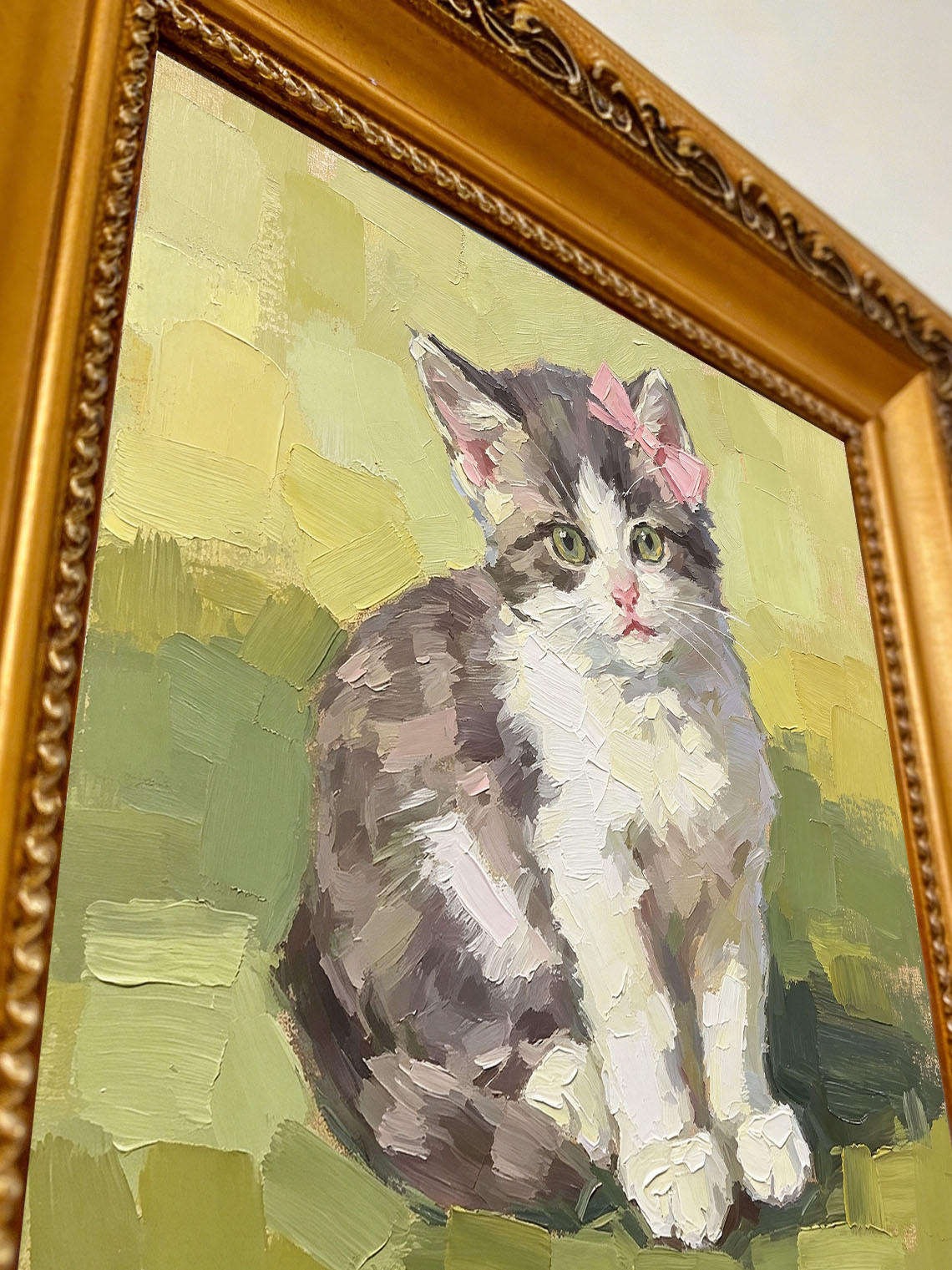 Adorable Fluffy Kitten with Pink Bow Pet Portrait custom oil painting from photo, gift for friend, Size 4"×4"