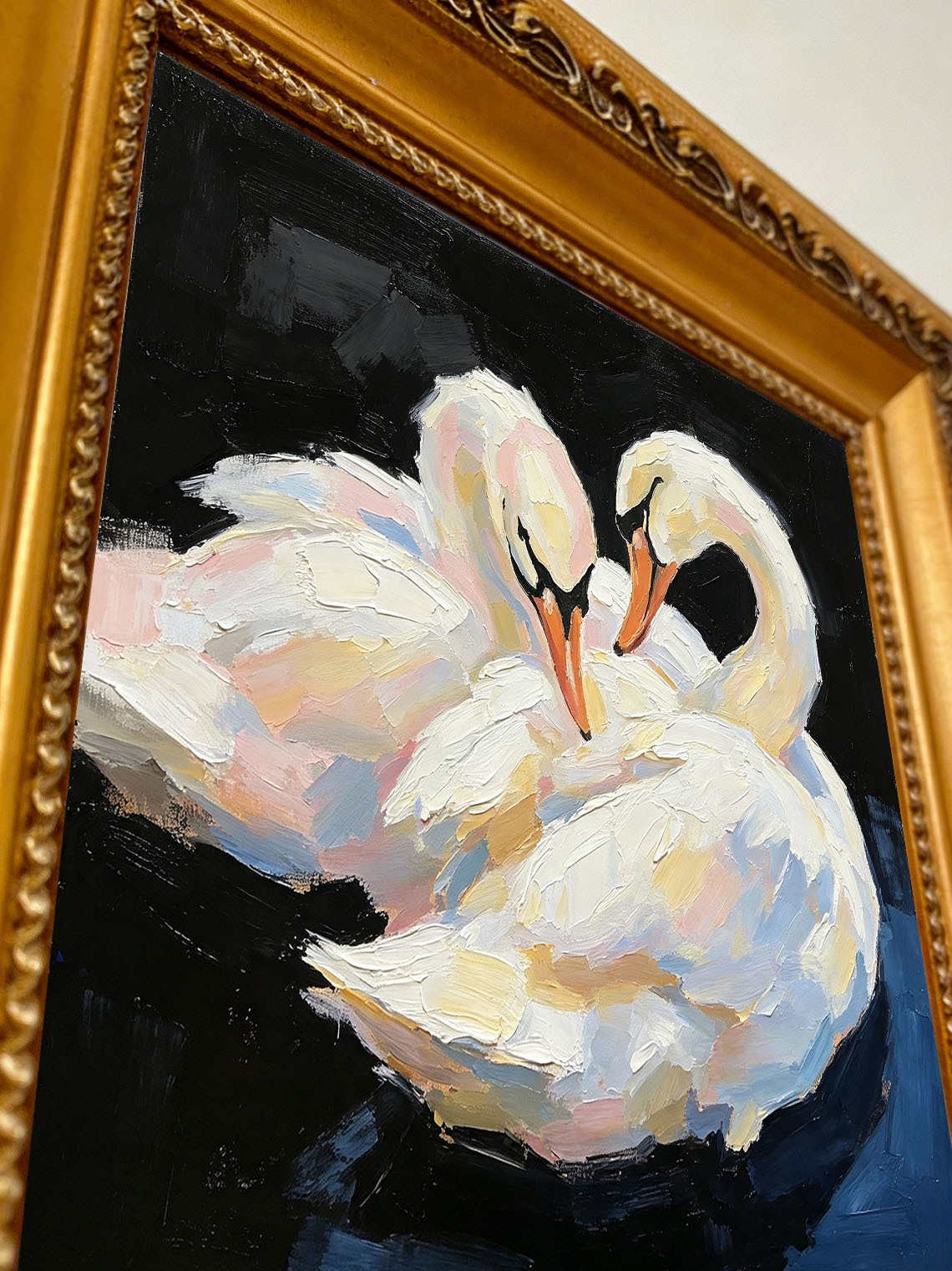 Romantic Pair White Swans Animal Portrait custom oil painting from photo, gift for friend, Size 4"×4"