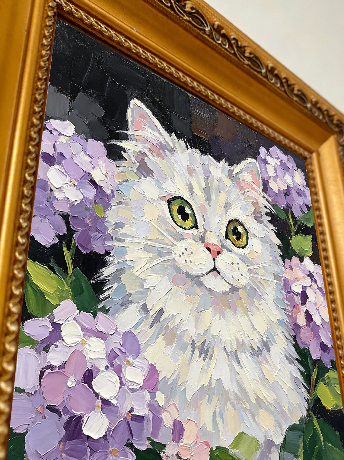 Fluffy White Cat with Hydrangea Portrait custom oil painting from photo, gift for friend, Size 4"×4"