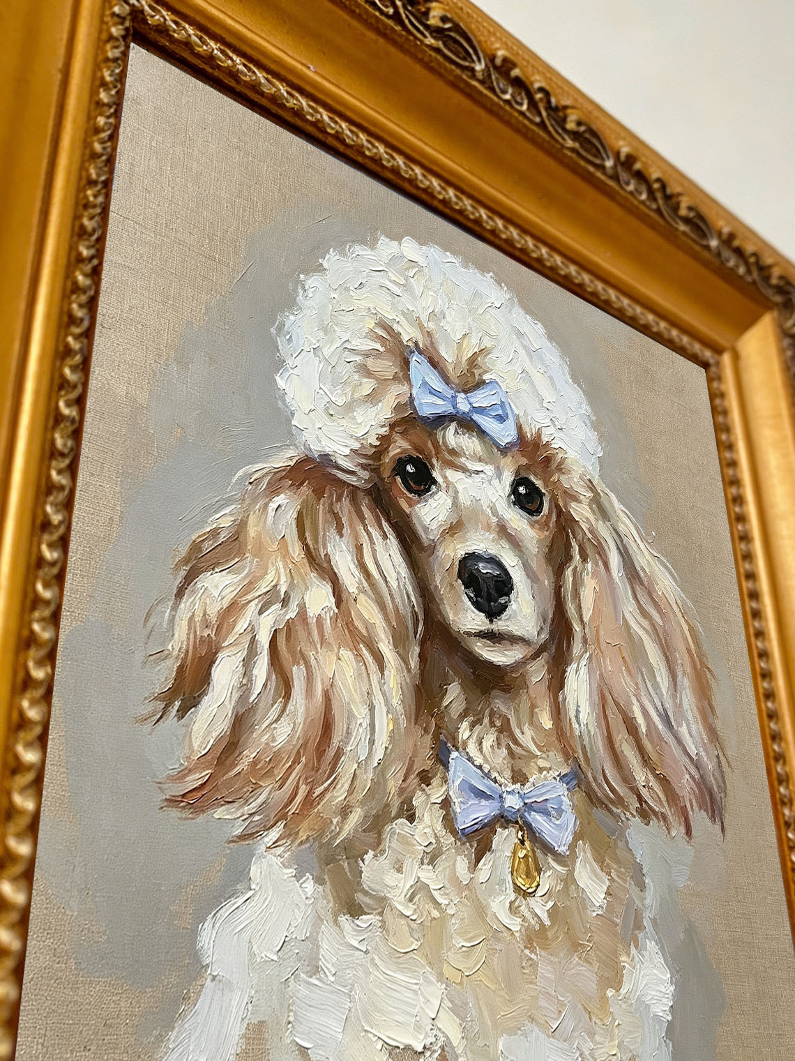 Cute Poodle Dog with Blue Bows Portrait custom oil painting from photo, gift for friend, Size 4"×4"