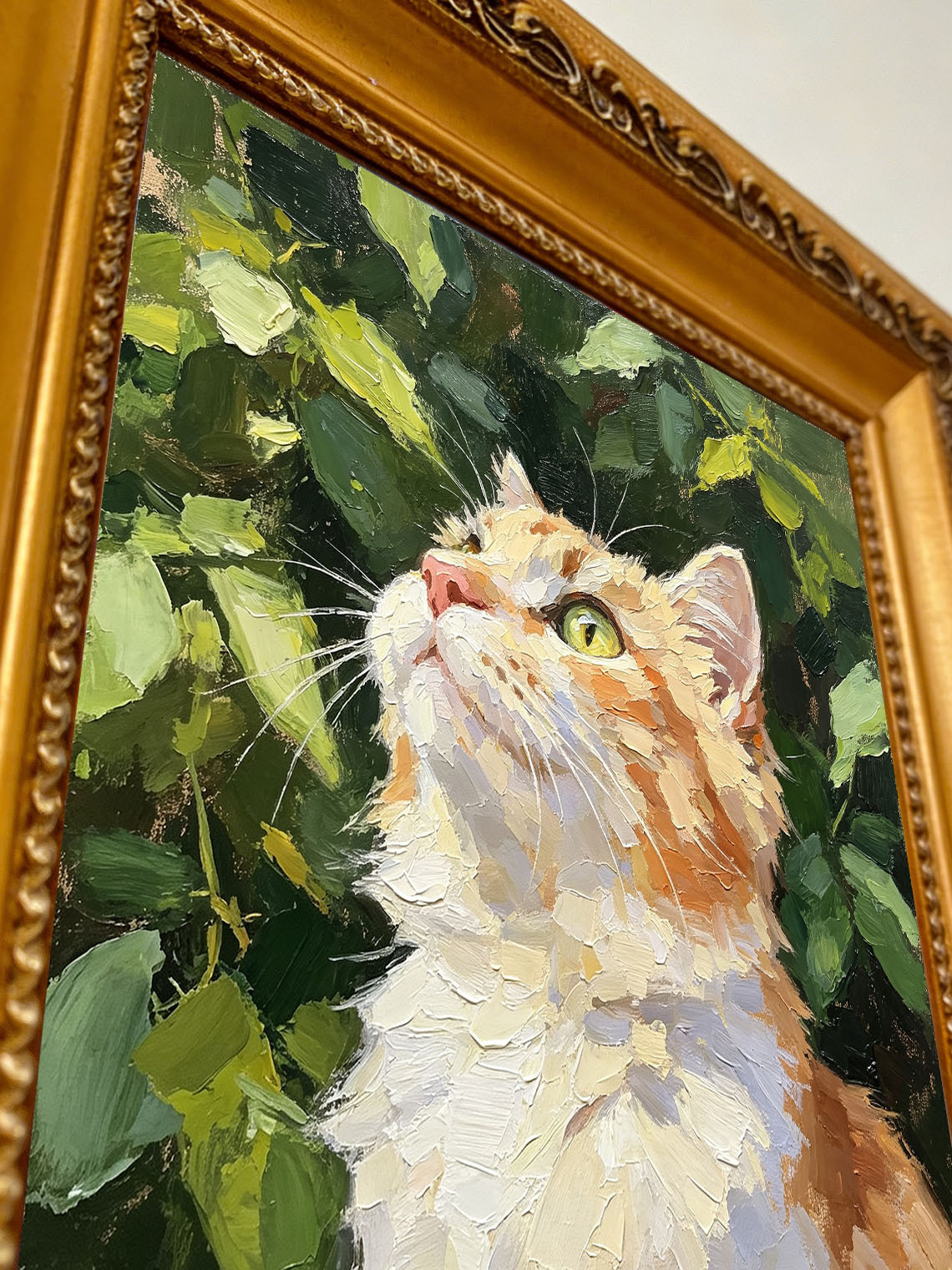 Curious Orange Tabby Cat in Green Foliage Portrait custom oil painting from photo, gift for friend, Size 4"×4"