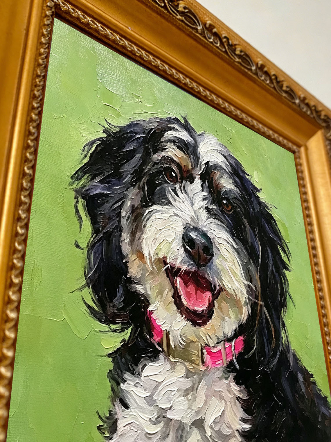 Happy Bernedoodle Dog Portrait custom oil painting from photo, gift for friend, Size 4"×4"