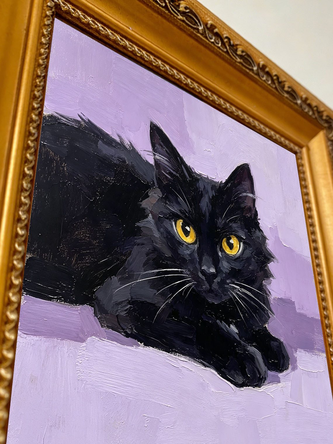 Lying Fluffy Black Cat with Golden Eyes Portrait custom oil painting from photo, gift for friend, Size 4"×4"