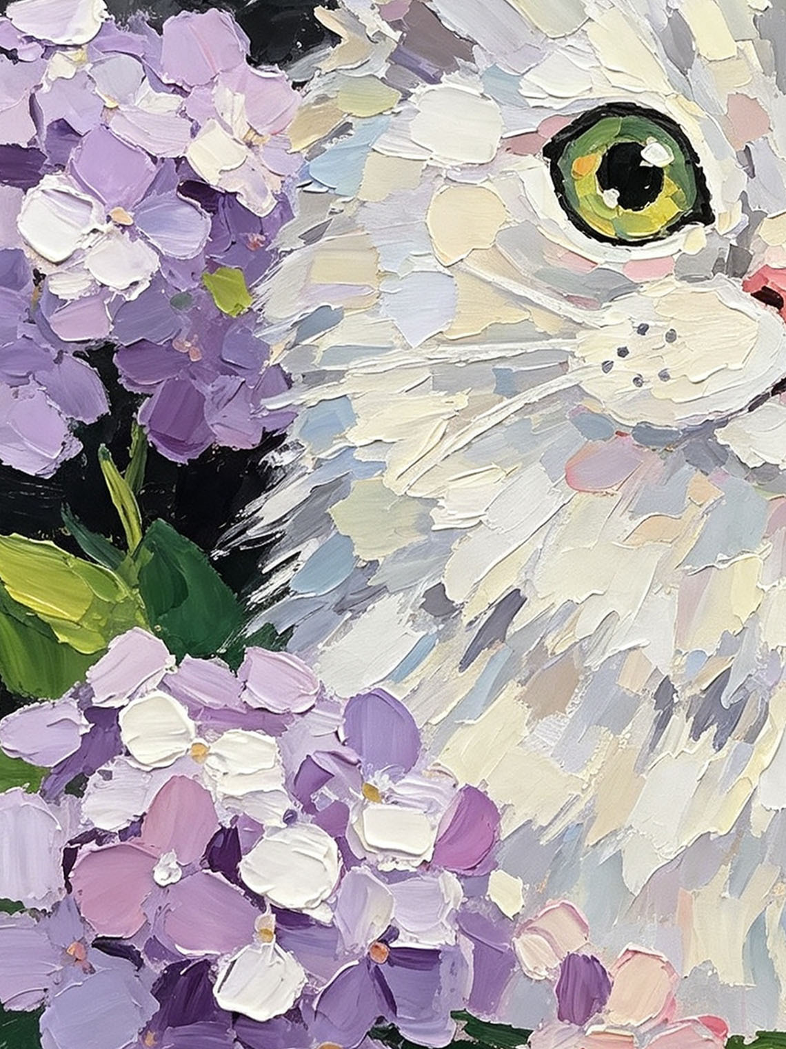 Fluffy White Cat with Hydrangea Portrait custom oil painting from photo, gift for friend, Size 4"×4"
