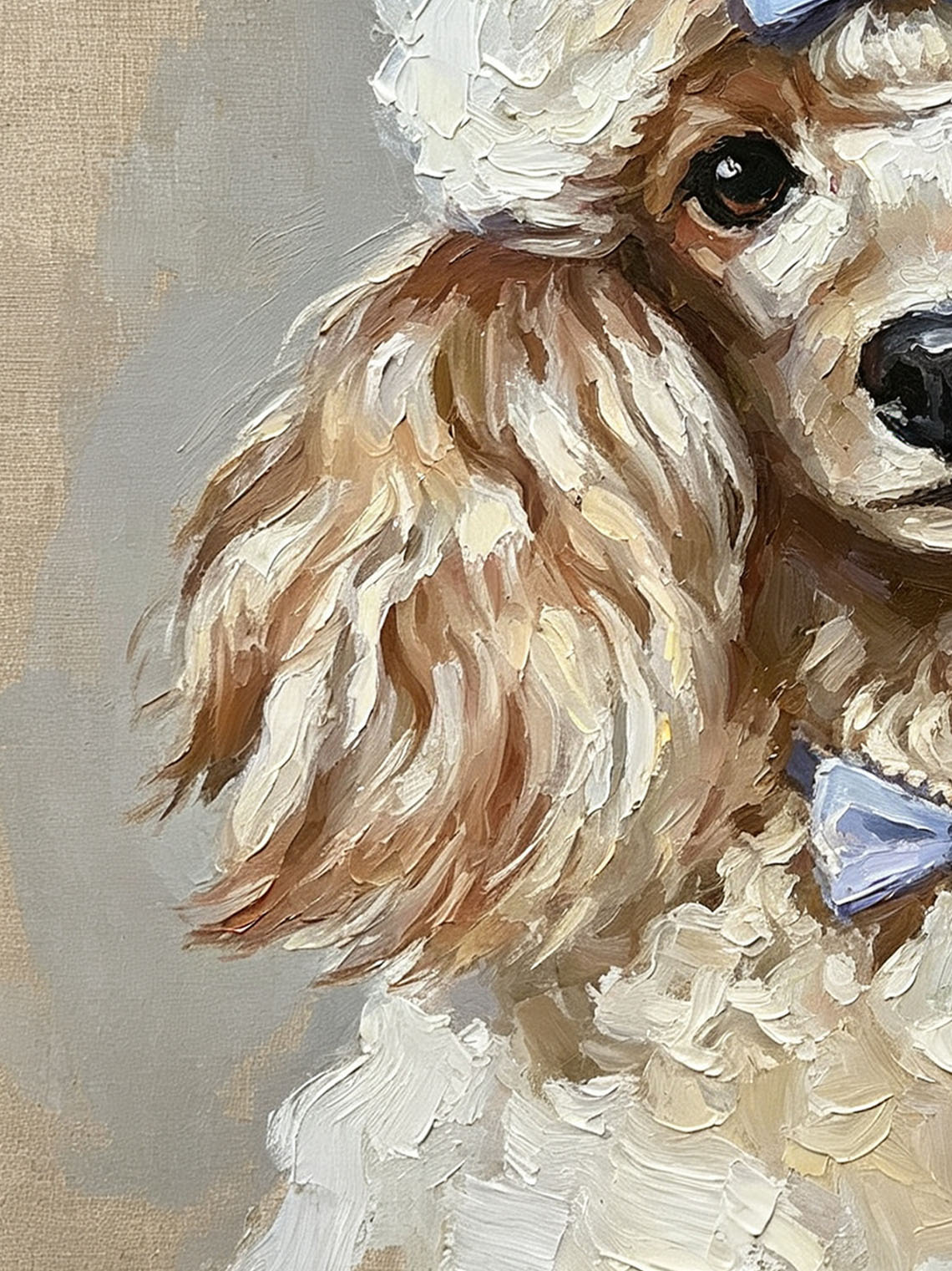Cute Poodle Dog with Blue Bows Portrait custom oil painting from photo, gift for friend, Size 4"×4"