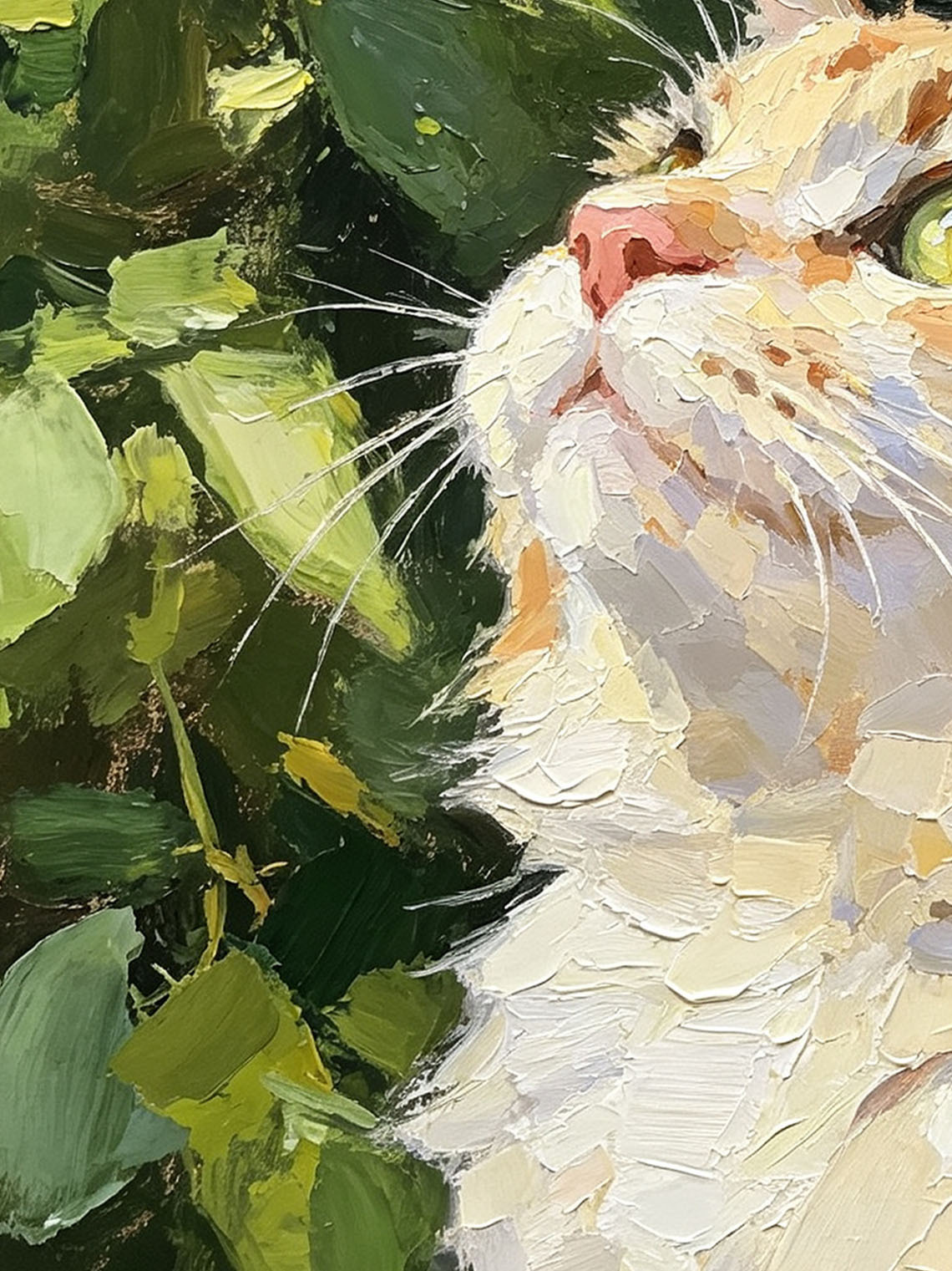 Curious Orange Tabby Cat in Green Foliage Portrait custom oil painting from photo, gift for friend, Size 4"×4"