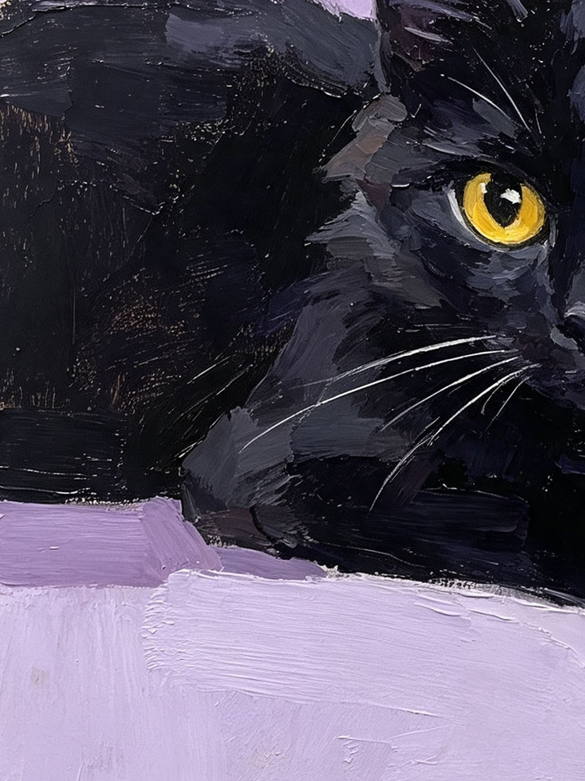 Lying Fluffy Black Cat with Golden Eyes Portrait custom oil painting from photo, gift for friend, Size 4"×4"