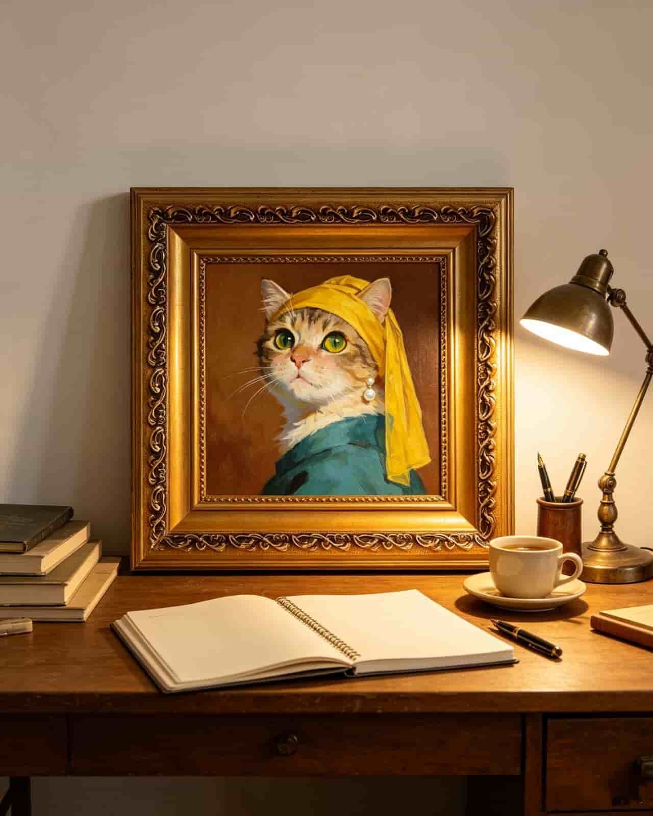Framed Hand-Painted Cat with A Pearl Earring Oil Painting, Vintage Art Reinterpretation Wall Decor for Gallery Wall