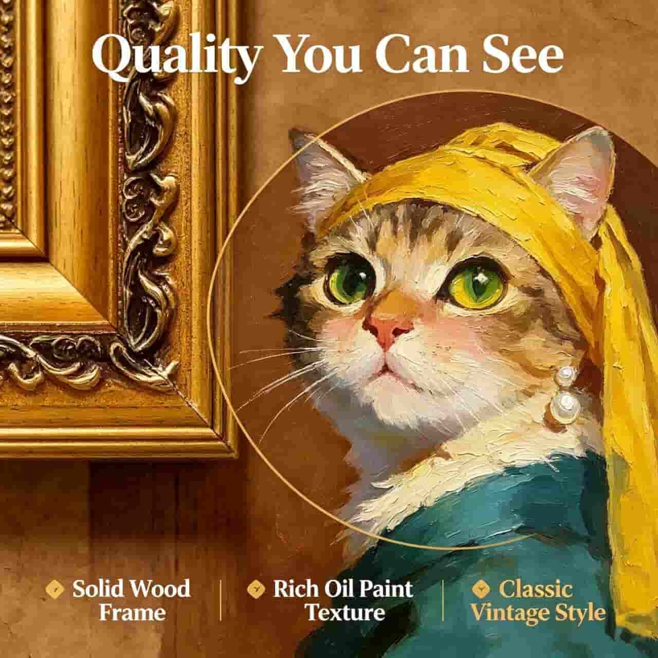 Framed Hand-Painted Cat with A Pearl Earring Oil Painting, Vintage Art Reinterpretation Wall Decor for Gallery Wall