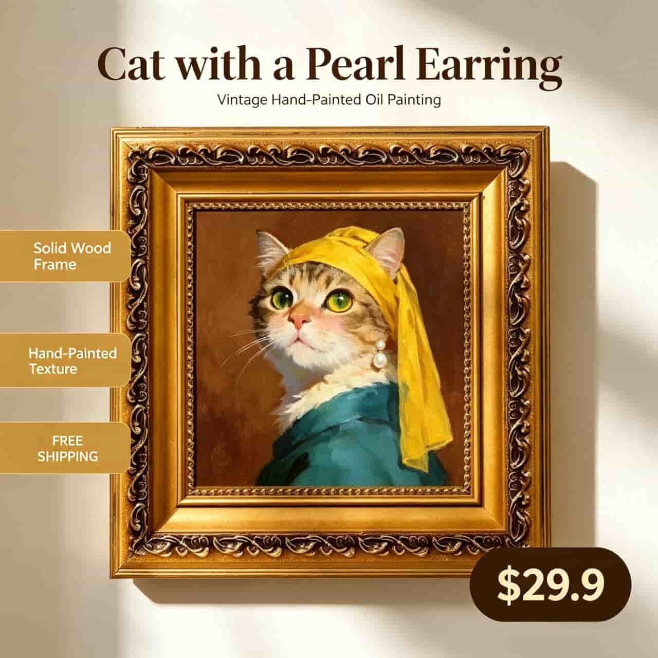 Framed Hand-Painted Cat with A Pearl Earring Oil Painting, Vintage Art Reinterpretation Wall Decor for Gallery Wall