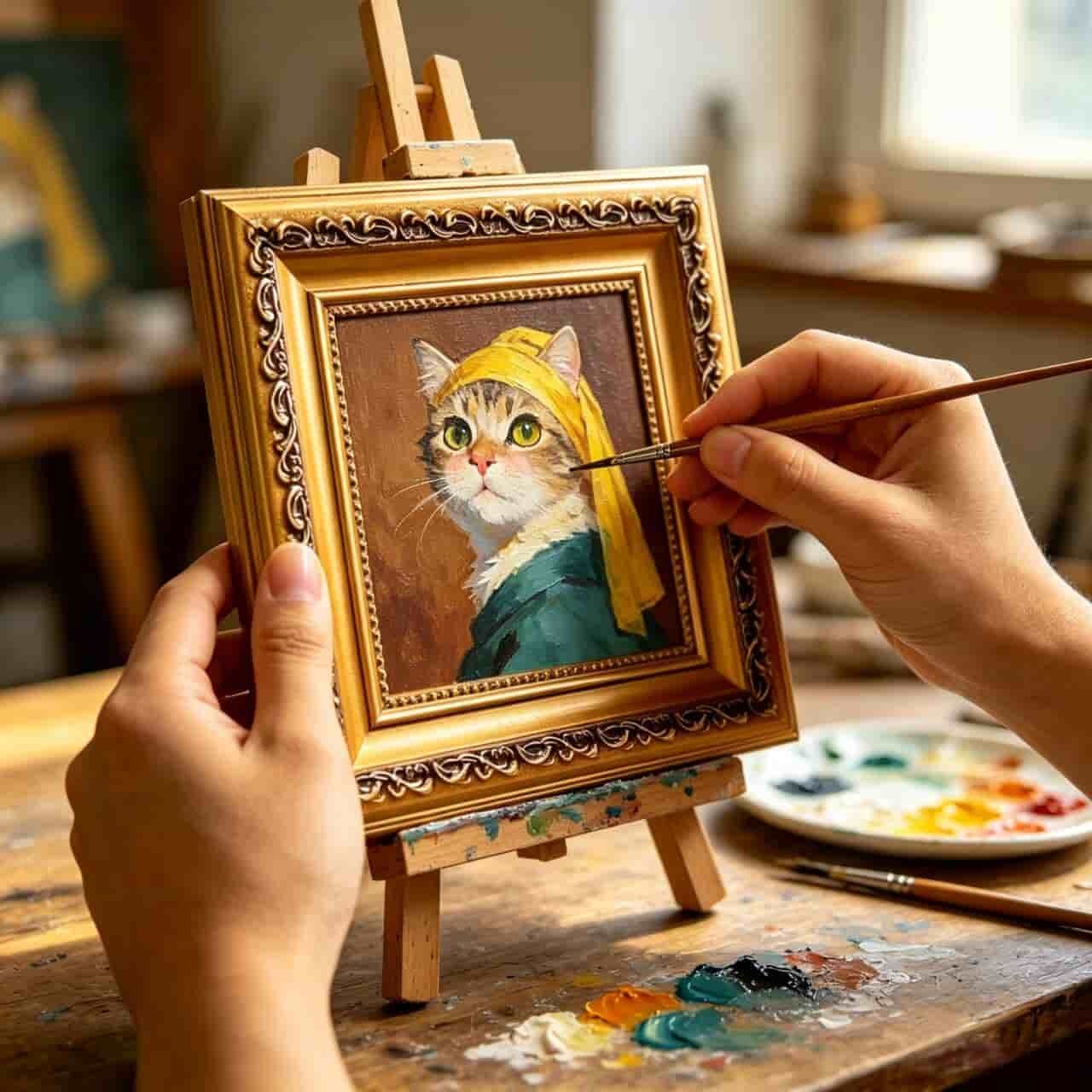 Framed Hand-Painted Cat with A Pearl Earring Oil Painting, Vintage Art Reinterpretation Wall Decor for Gallery Wall