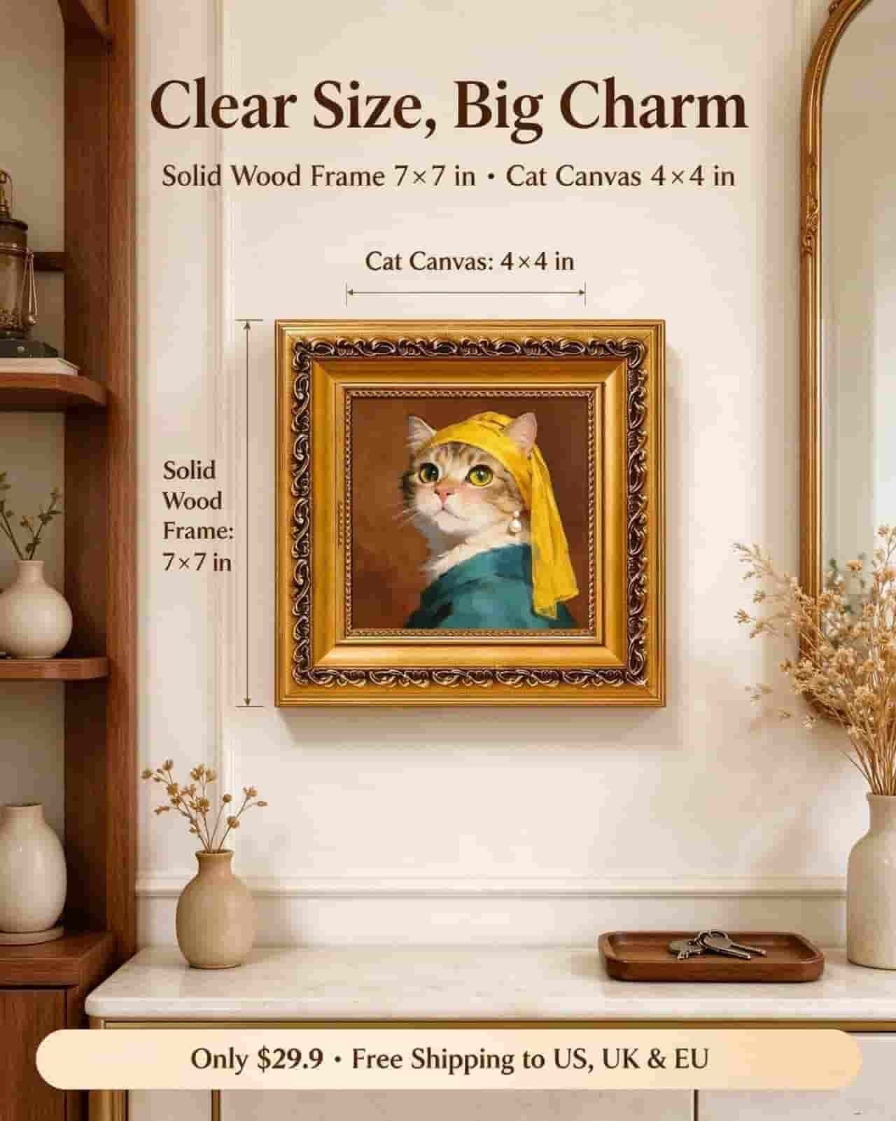 Framed Hand-Painted Cat with A Pearl Earring Oil Painting, Vintage Art Reinterpretation Wall Decor for Gallery Wall