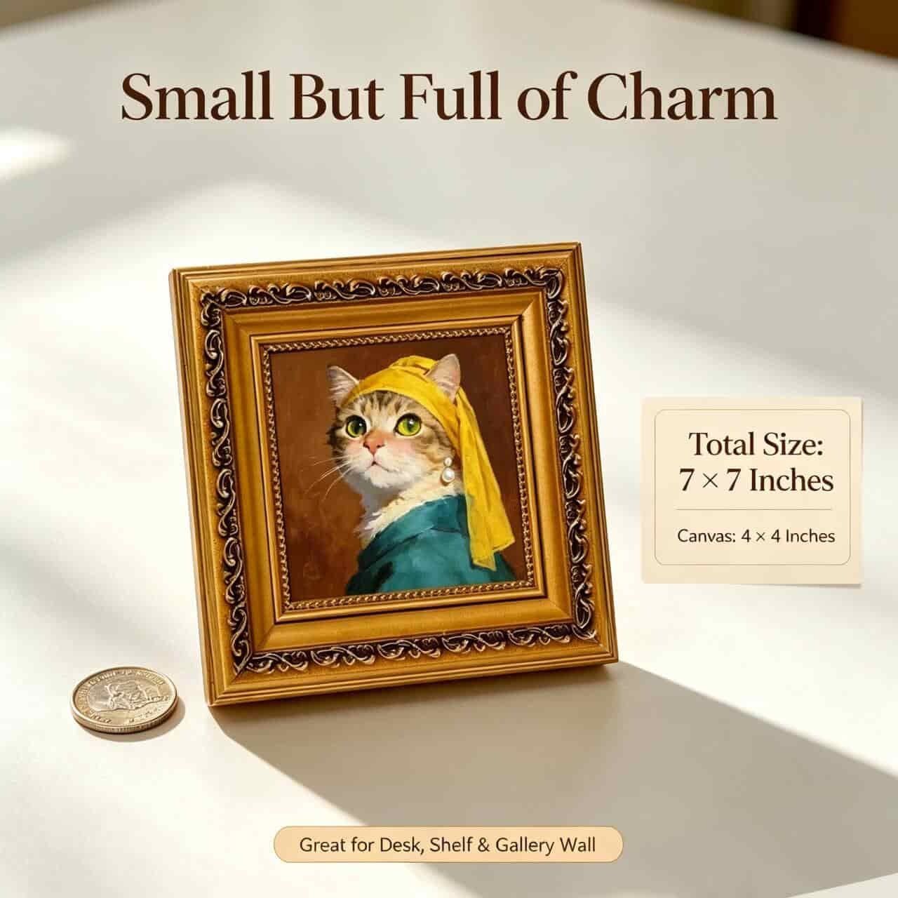 Framed Hand-Painted Cat with A Pearl Earring Oil Painting, Vintage Art Reinterpretation Wall Decor for Gallery Wall