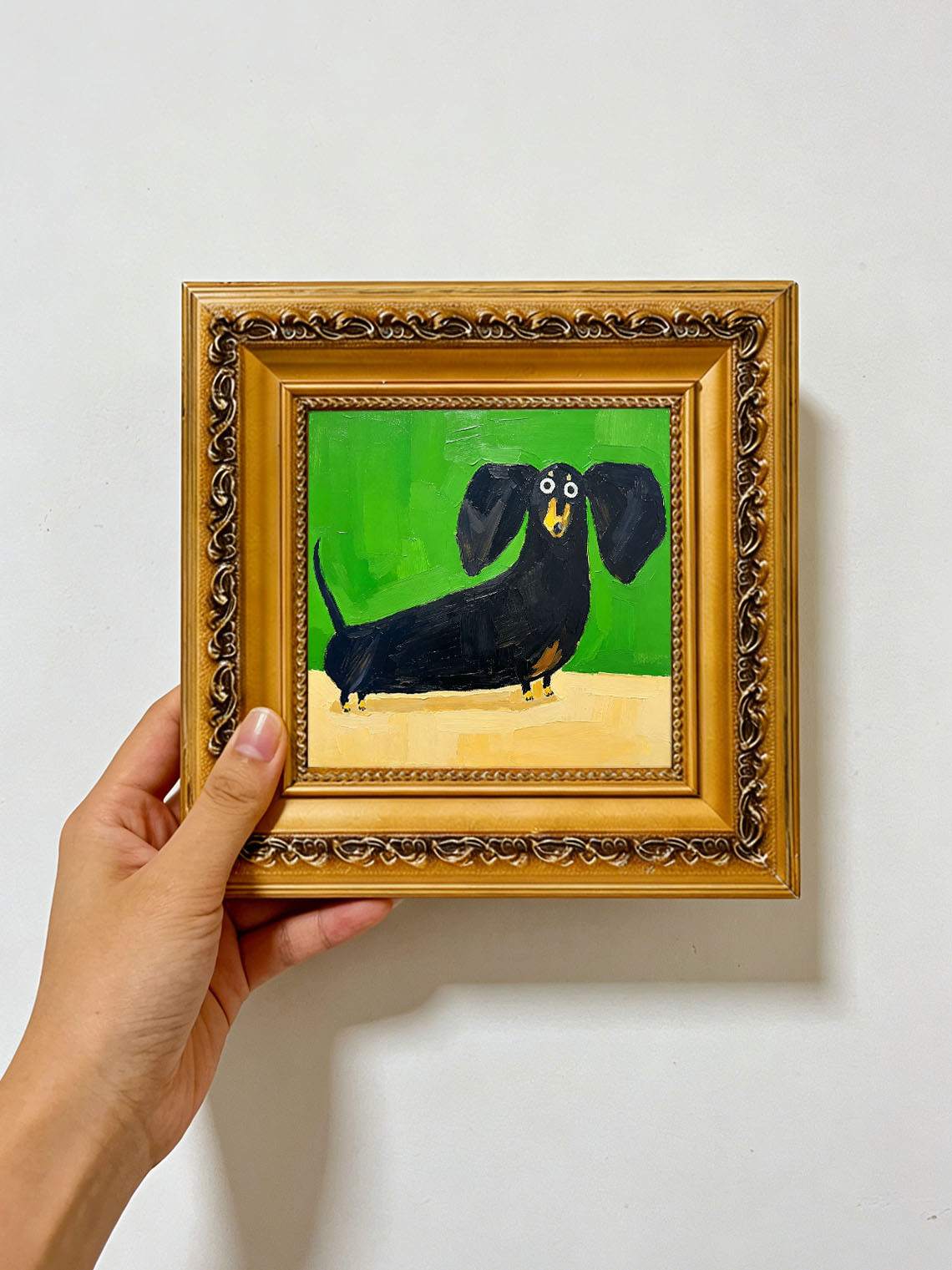 Cute Black Dachshund custom oil painting from photo, gift for friend, Size 4"×4"