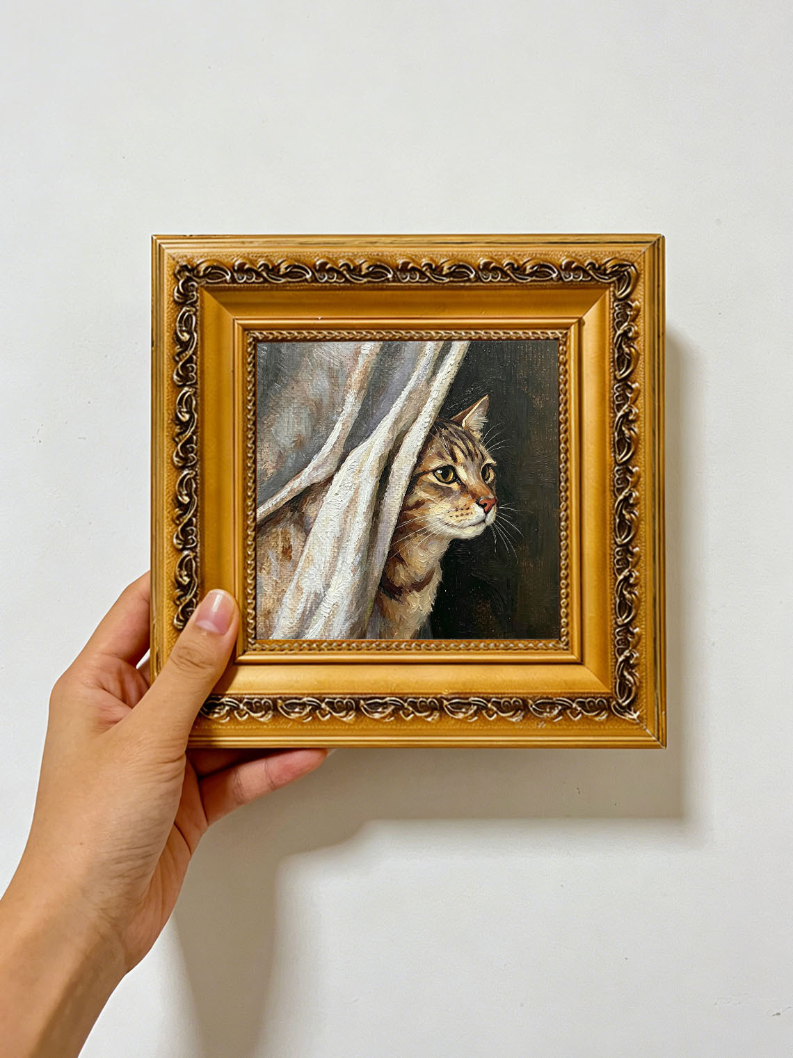Tabby Cat Behind Curtain custom oil painting from photo, gift for friend, Size 4"×4"