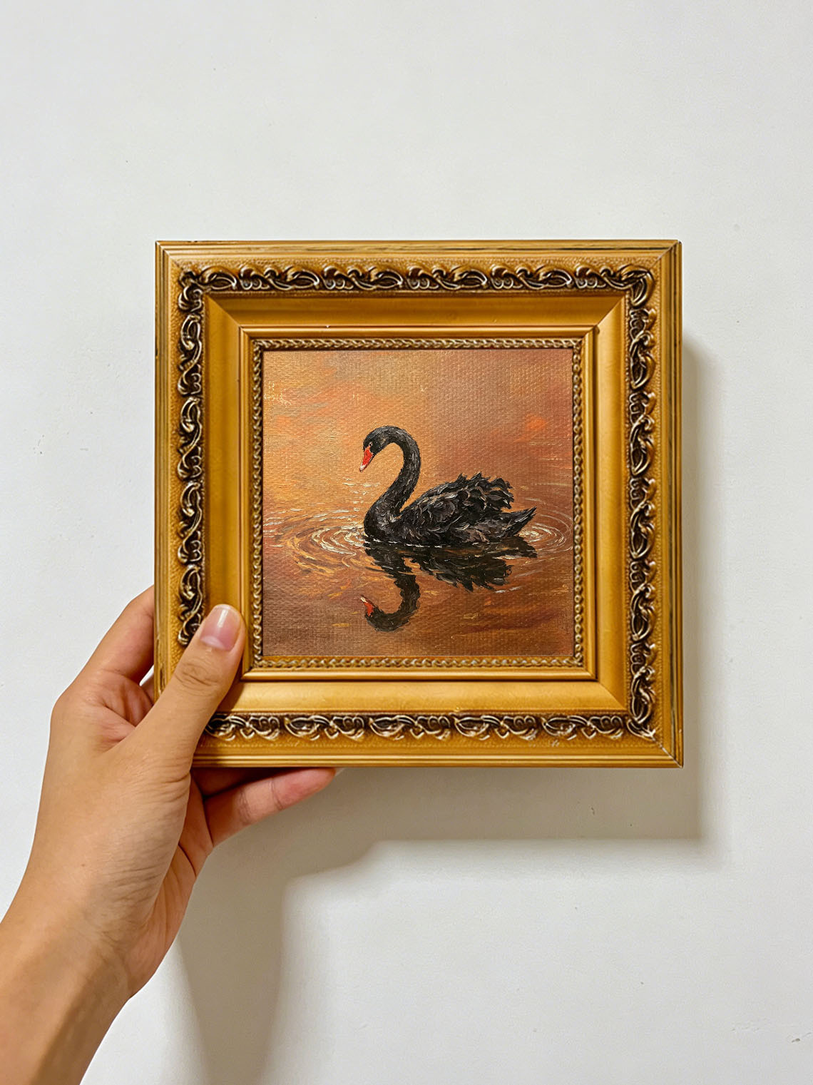 Black Swan Water Scene custom oil painting from photo, gift for friend, Size 4"×4"