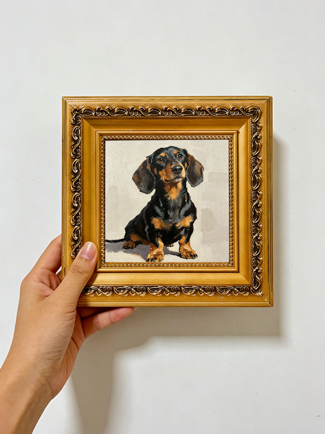 Sitting Dachshund Portrait custom oil painting from photo, gift for friend, Size 4"×4"