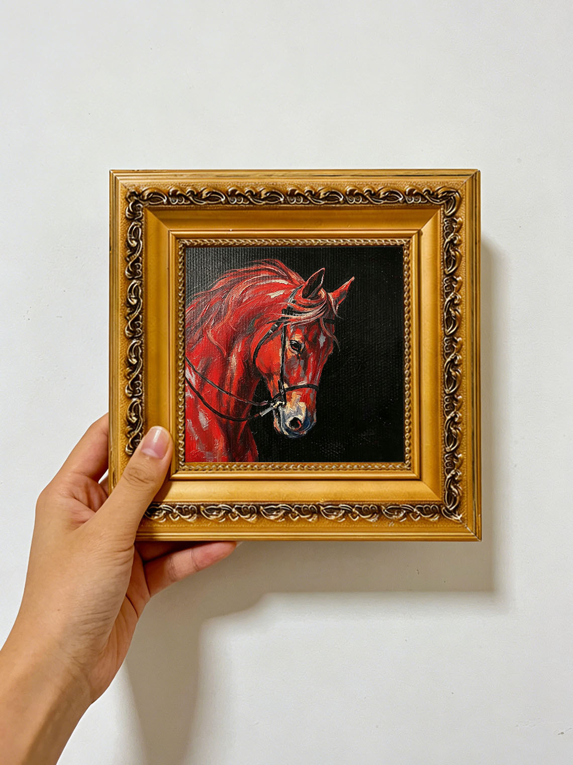 Red Horse Head Portrait custom oil painting from photo, gift for friend, Size 4"×4"