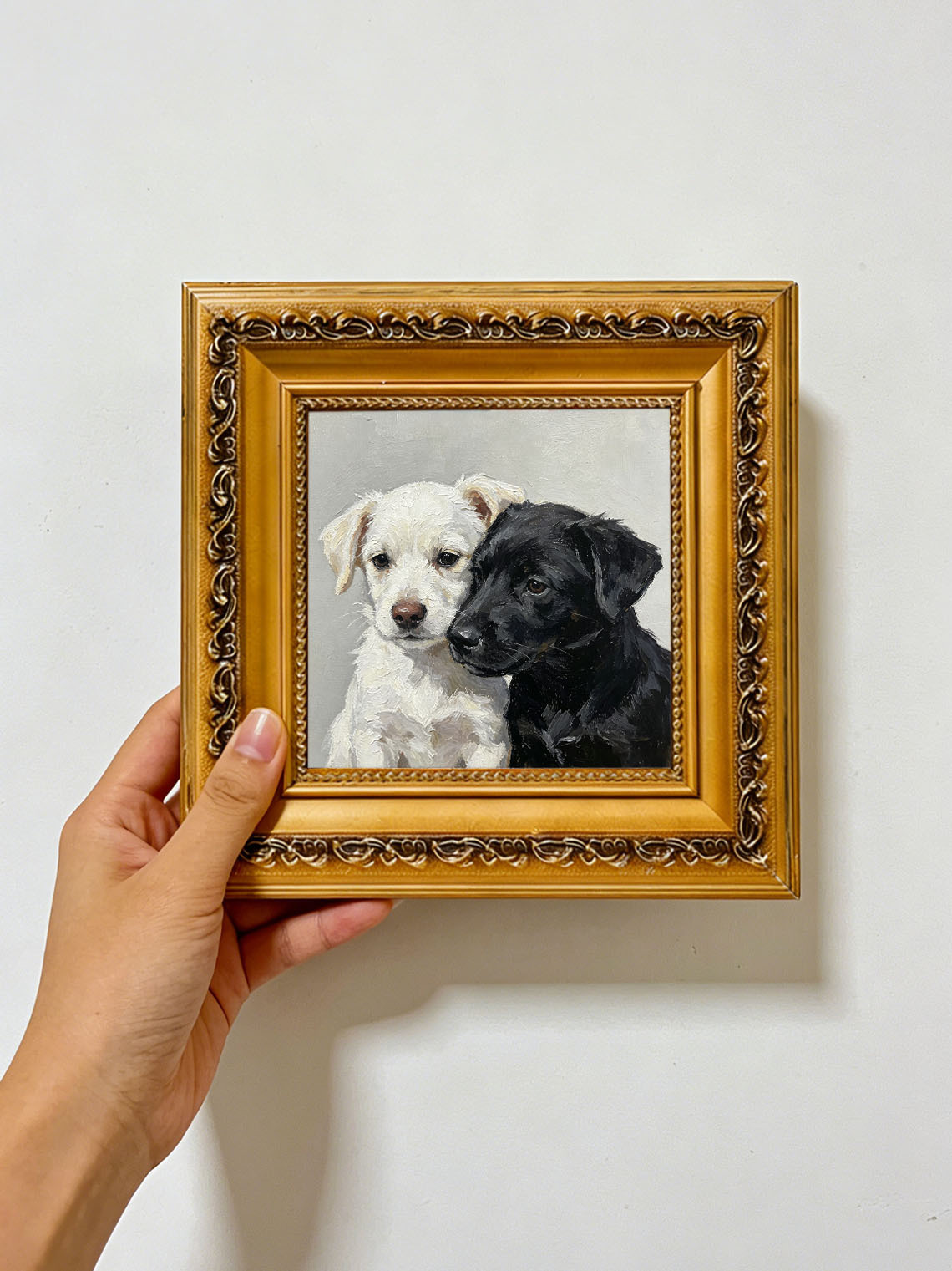 Two Puppies Black White custom oil painting from photo, gift for friend, Size 4"×4"