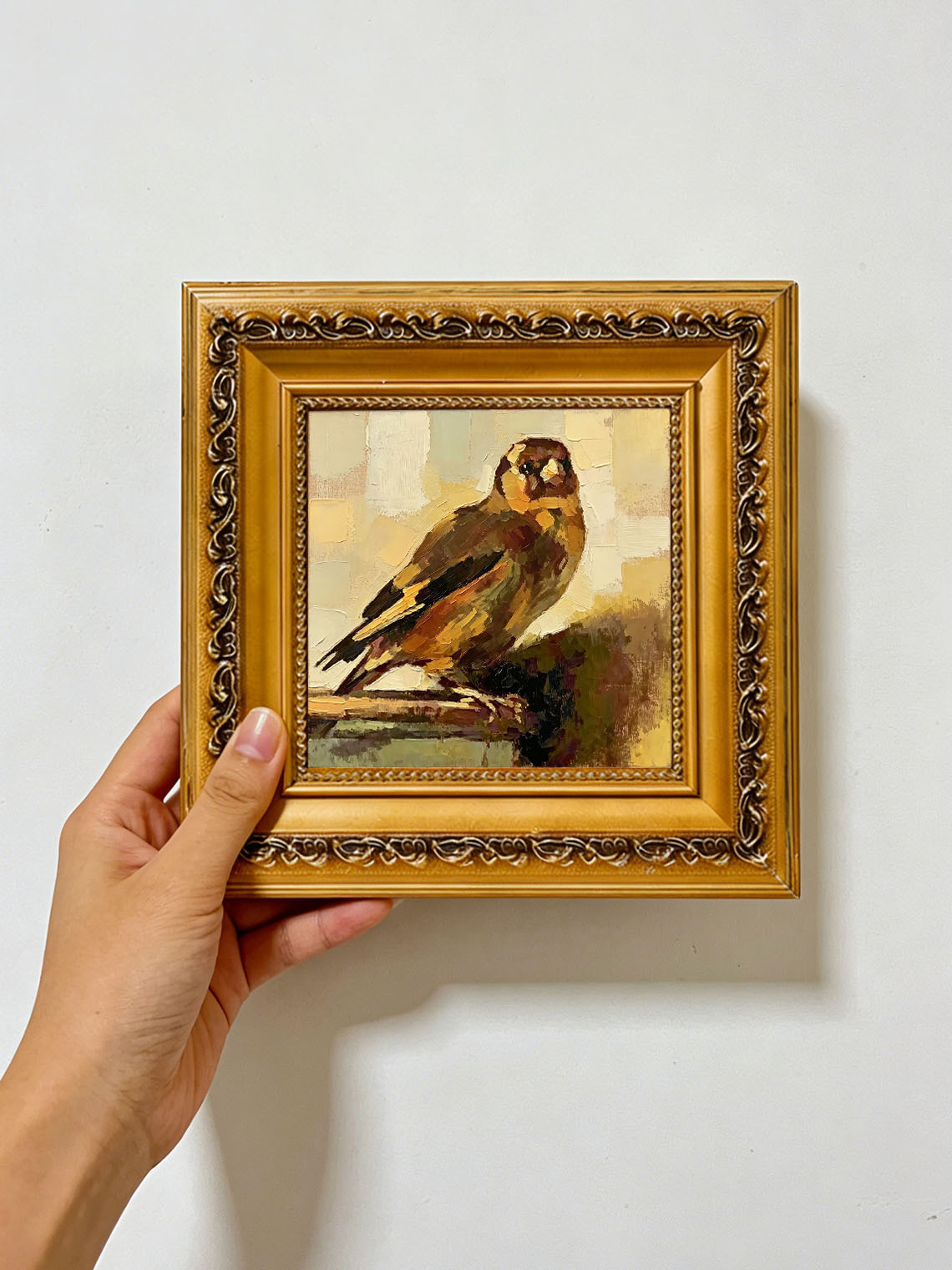 Small Bird On Branch custom oil painting from photo, gift for friend, Size 4"×4"