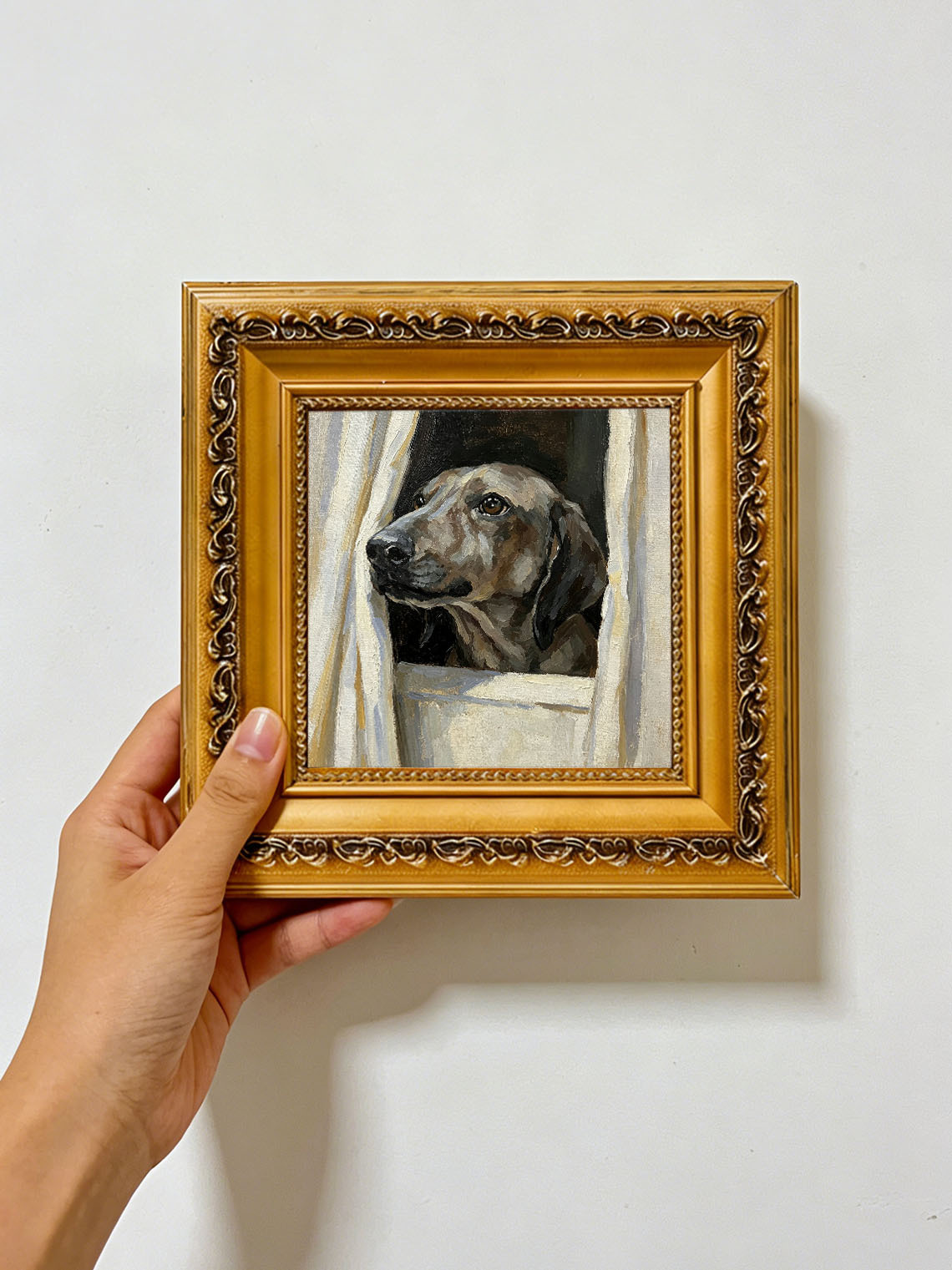 Dog Peeking Through Window custom oil painting from photo, gift for friend, Size 4"×4"