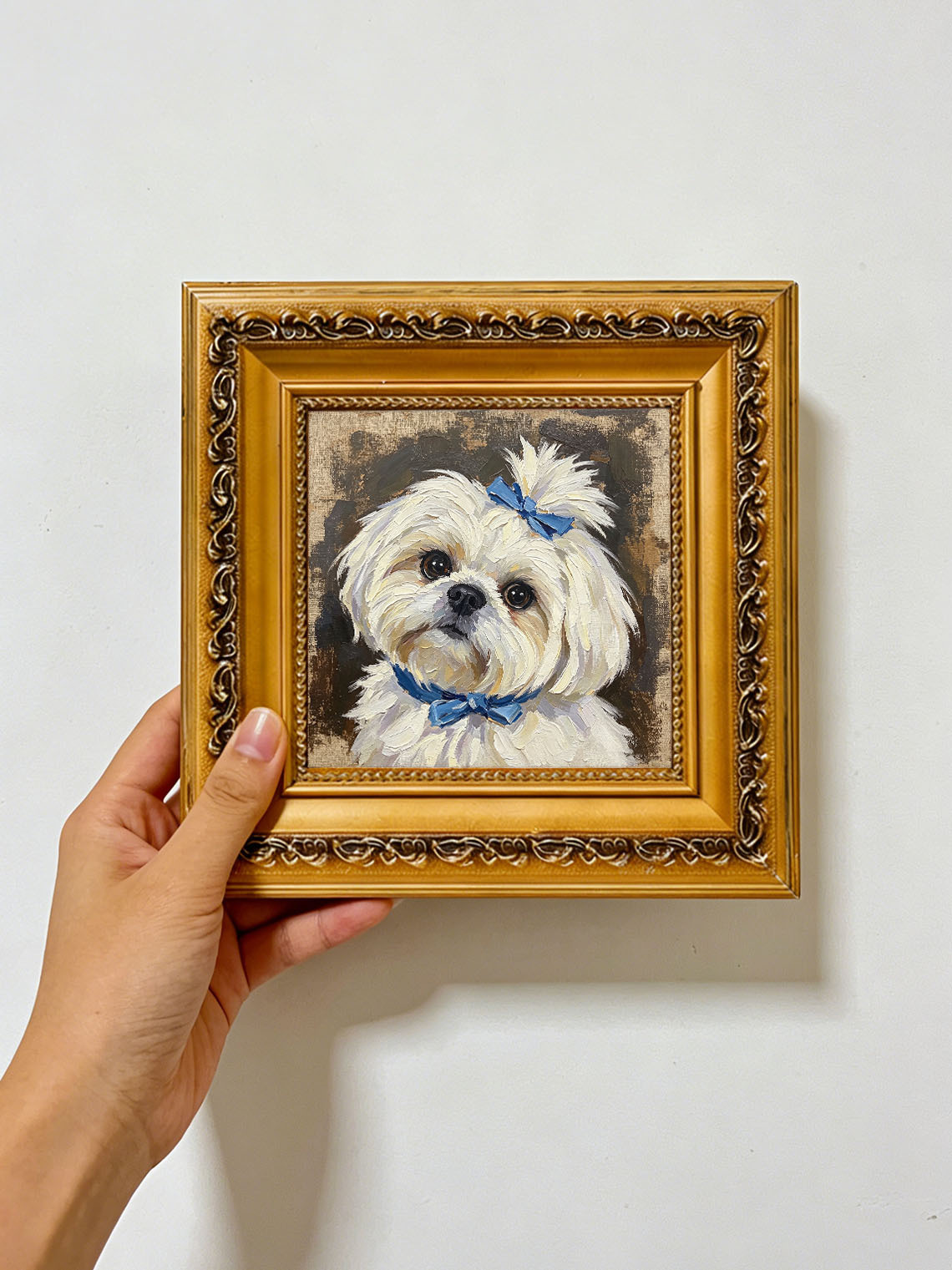 Maltese Dog With Blue Bows custom oil painting from photo, gift for friend, Size 4"×4"