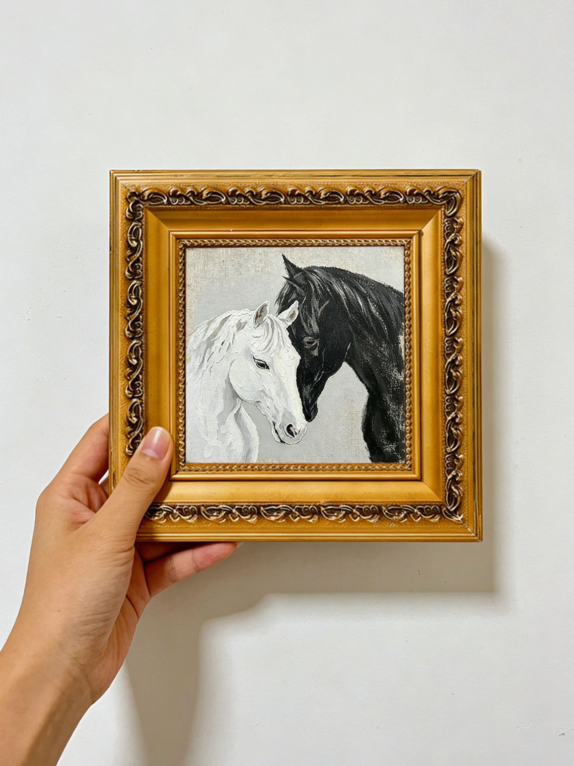 Two Horses Black White custom oil painting from photo, gift for friend, Size 4"×4"