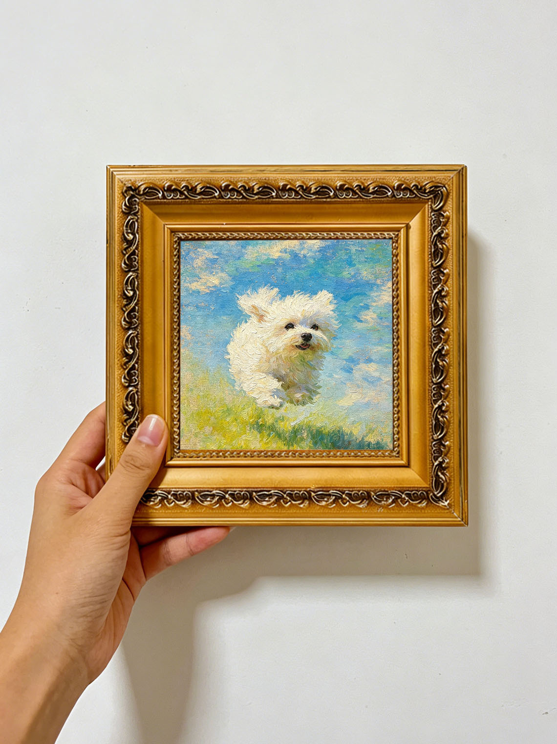 Running White Puppy custom oil painting from photo, gift for friend, Size 4"×4"