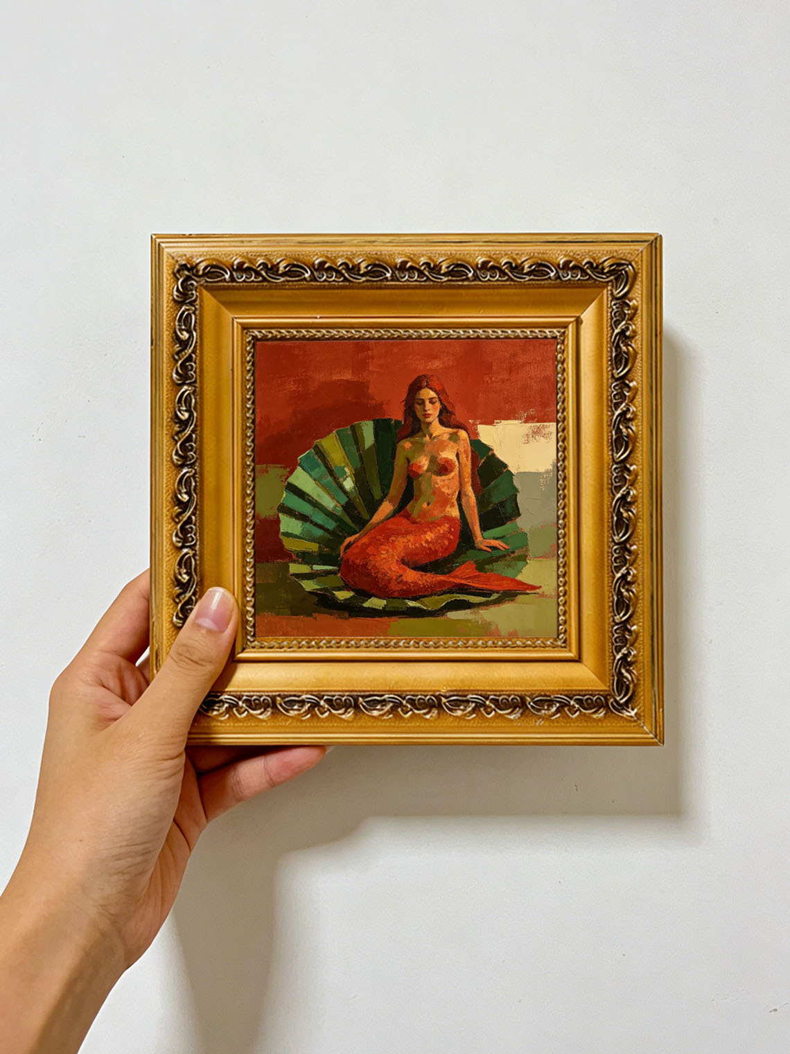 Mermaid On Giant Shell Hand Painted Artwork Wall Decor Custom oil painting from photo, Gift for friend，Size 4x4