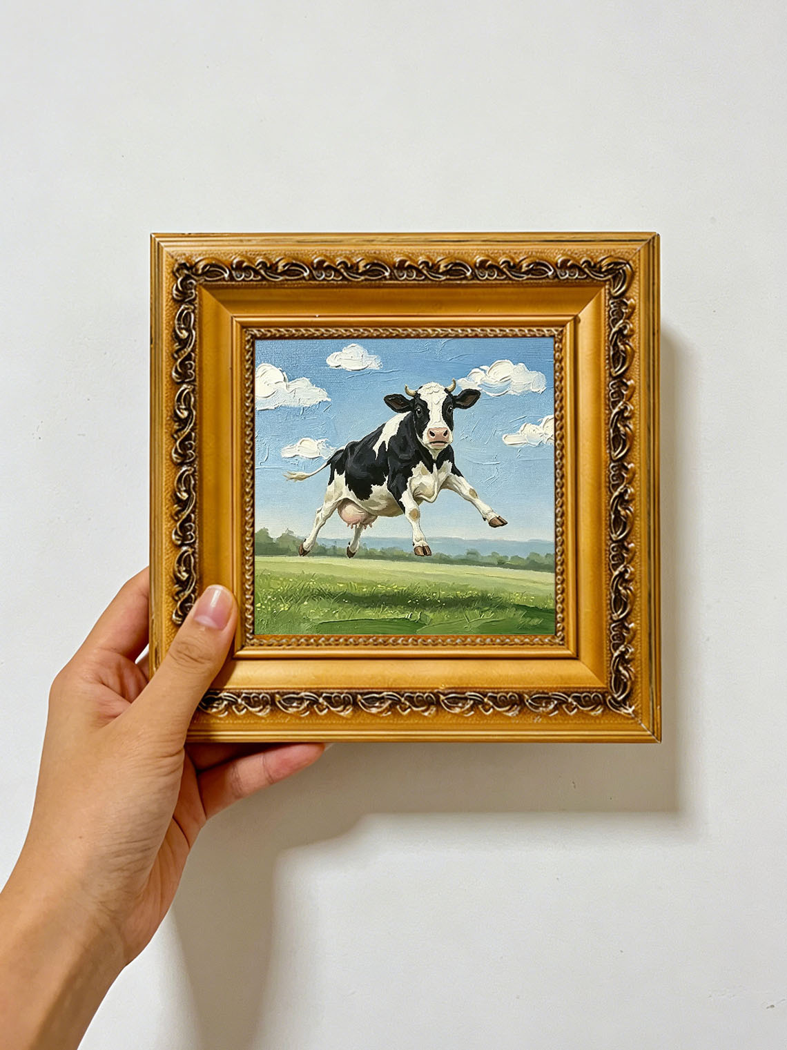 Jumping Farm Cow Hand Painted Wall Art Custom oil painting from photo, Gift for friend，Size 4x4