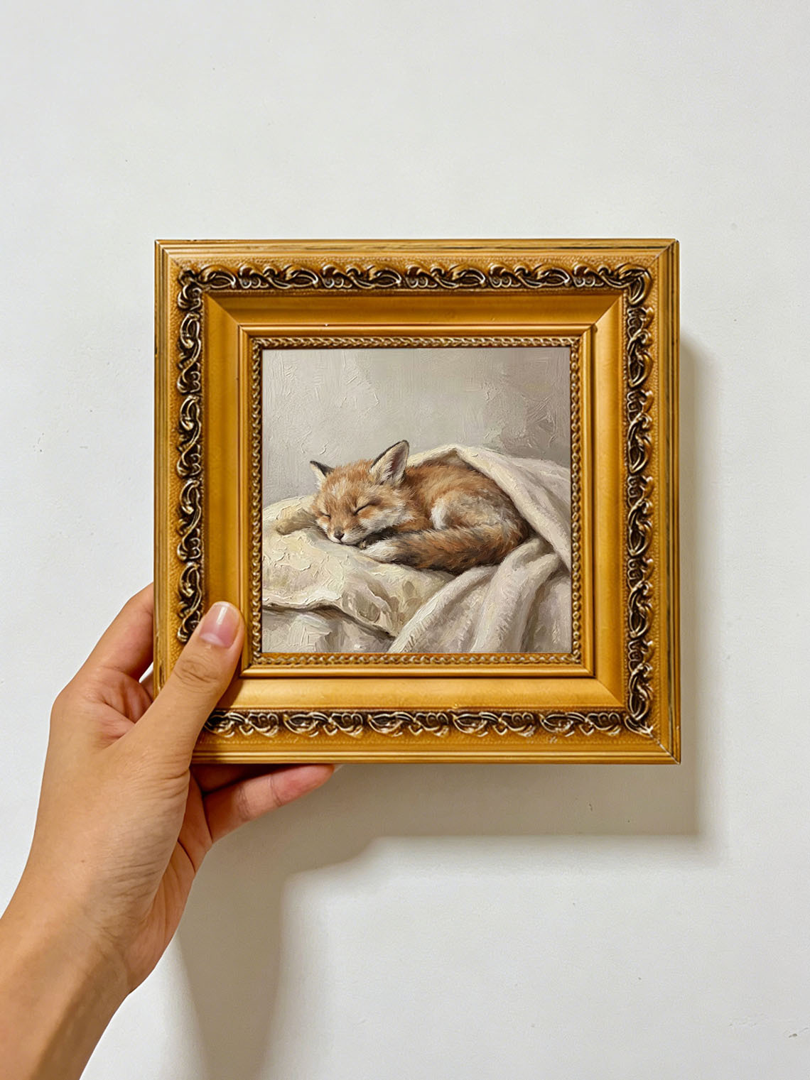 Sleeping Baby Fox Hand Painted Wall Art Custom oil painting from photo, Gift for friend，Size 4x4