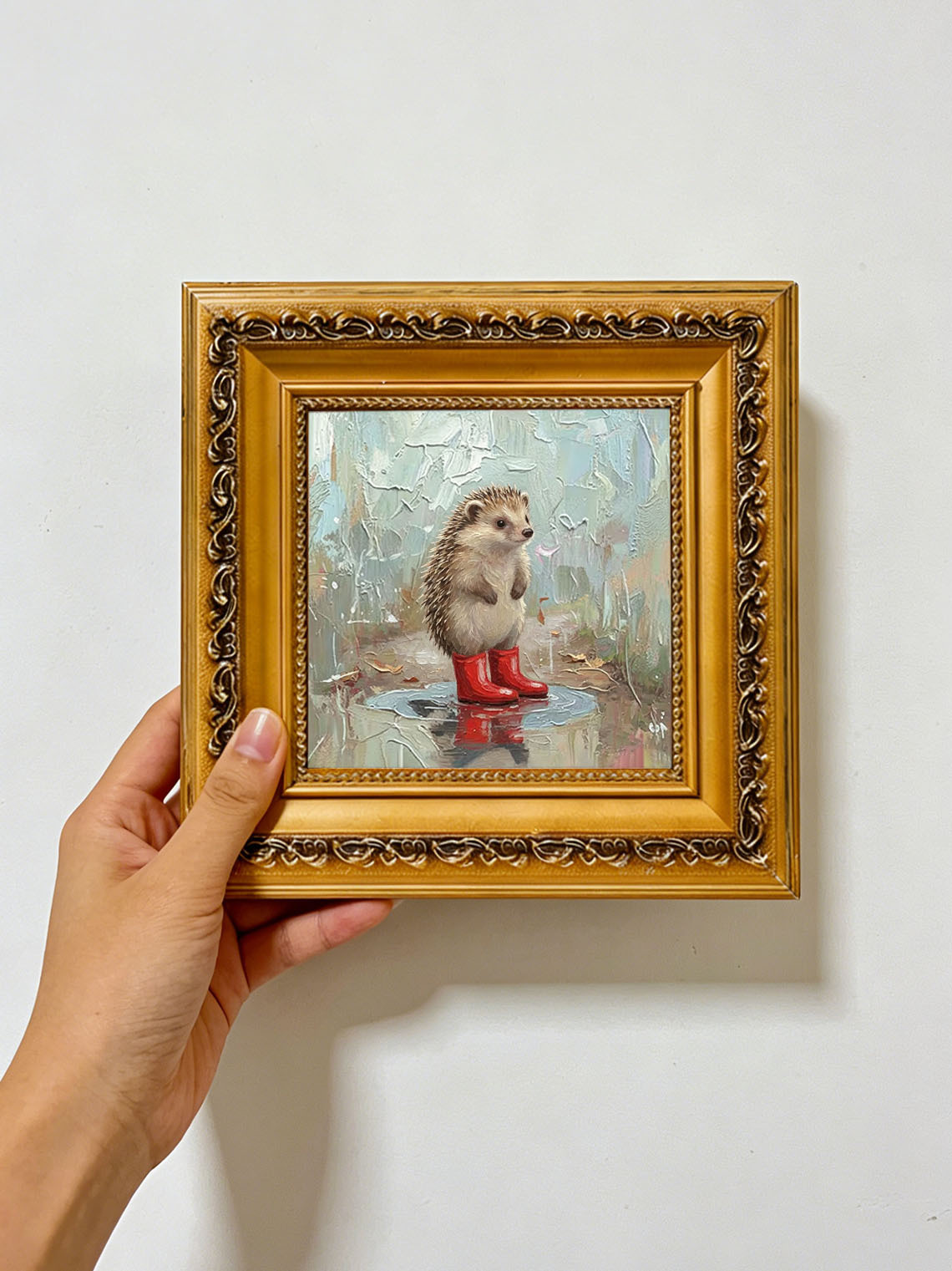 Cute Hedgehog In Red Rain Boots Hand Painted Wall Art Custom oil painting from photo, Gift for friend，Size 4x4