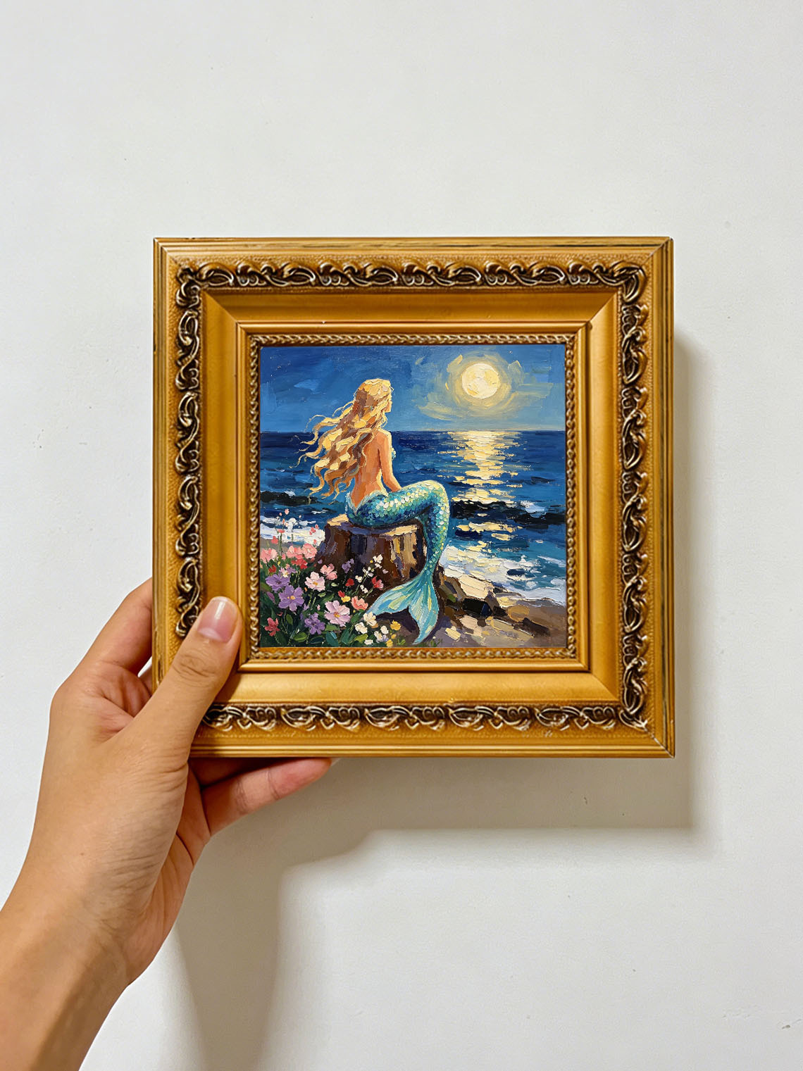 Moonlit Ocean Mermaid Hand Painted Wall Art Custom oil painting from photo, Gift for friend，Size 4x4