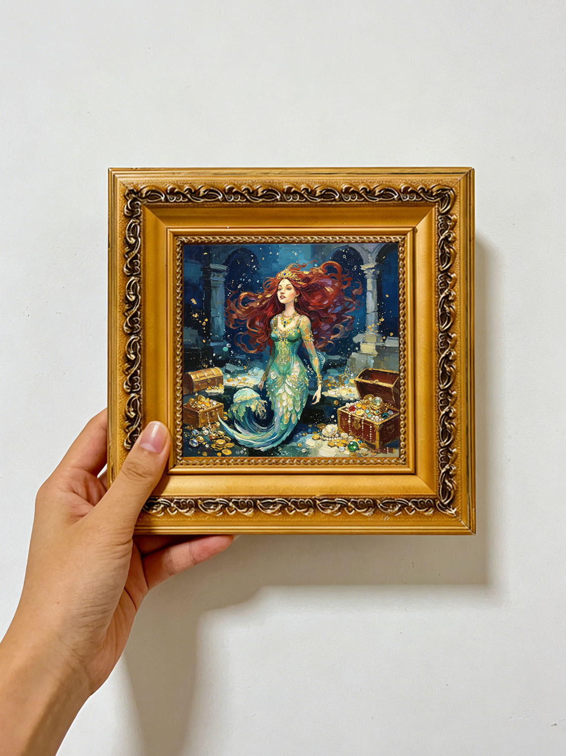 Red‑Haired Mermaid With Underwater Treasure Hand Painted Wall Art Custom oil painting from photo, Gift for friend，Size 4x4