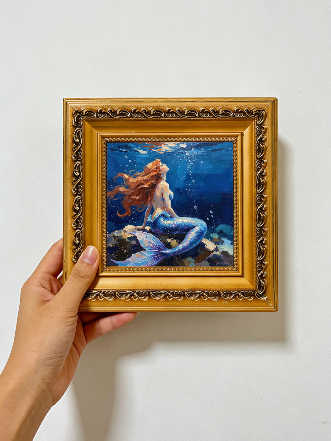 Underwater Red‑Haired Mermaid On Rocks Hand Painted Wall Art Custom oil painting from photo, Gift for friend，Size 4x4