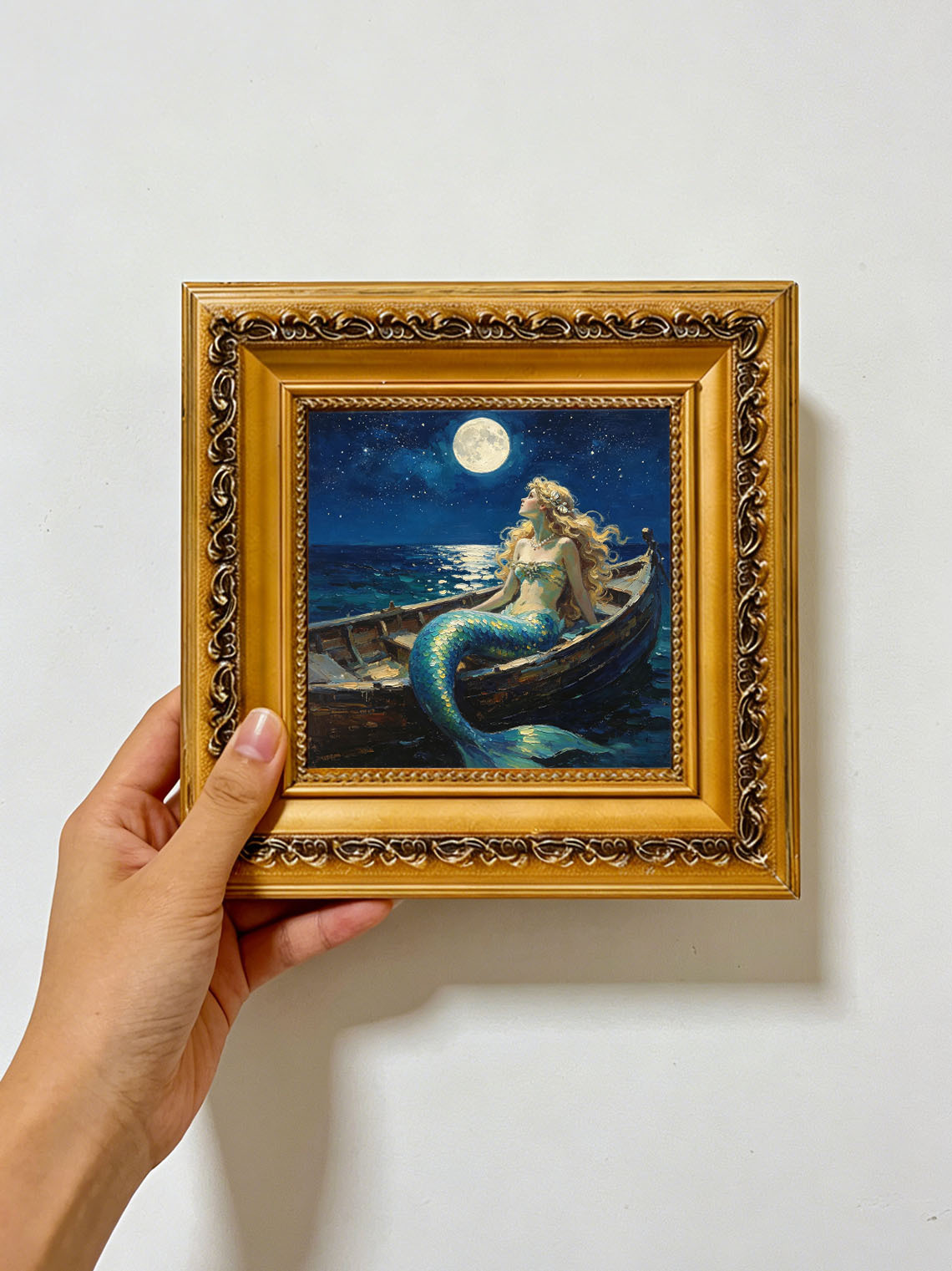 Moonlit Ocean Mermaid In Wooden Boat Hand Painted Wall Art Custom oil painting from photo, Gift for friend，Size 4x4