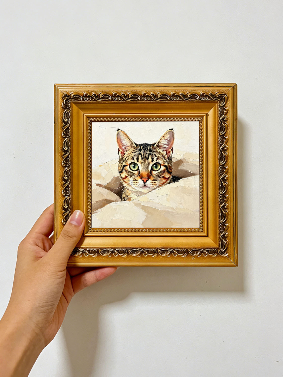 Curious Tabby Kitten Peeking From Paper Bag Hand Painted Wall Art Custom oil painting from photo, Gift for friend，Size 4x4