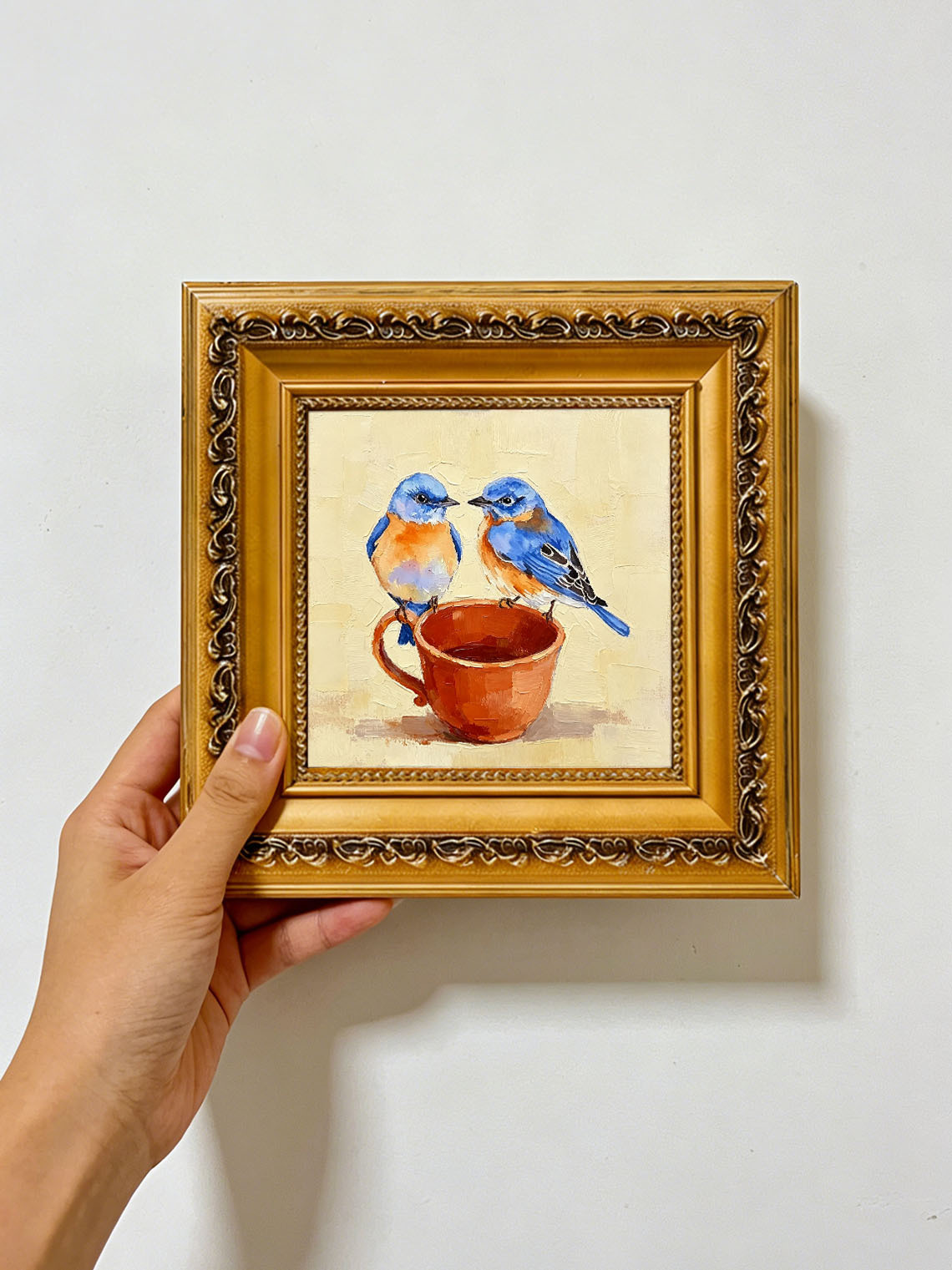Two Sweet Bluebirds On Terracotta Teacup Hand Painted Wall Art Custom oil painting from photo, Gift for friend，Size 4x4