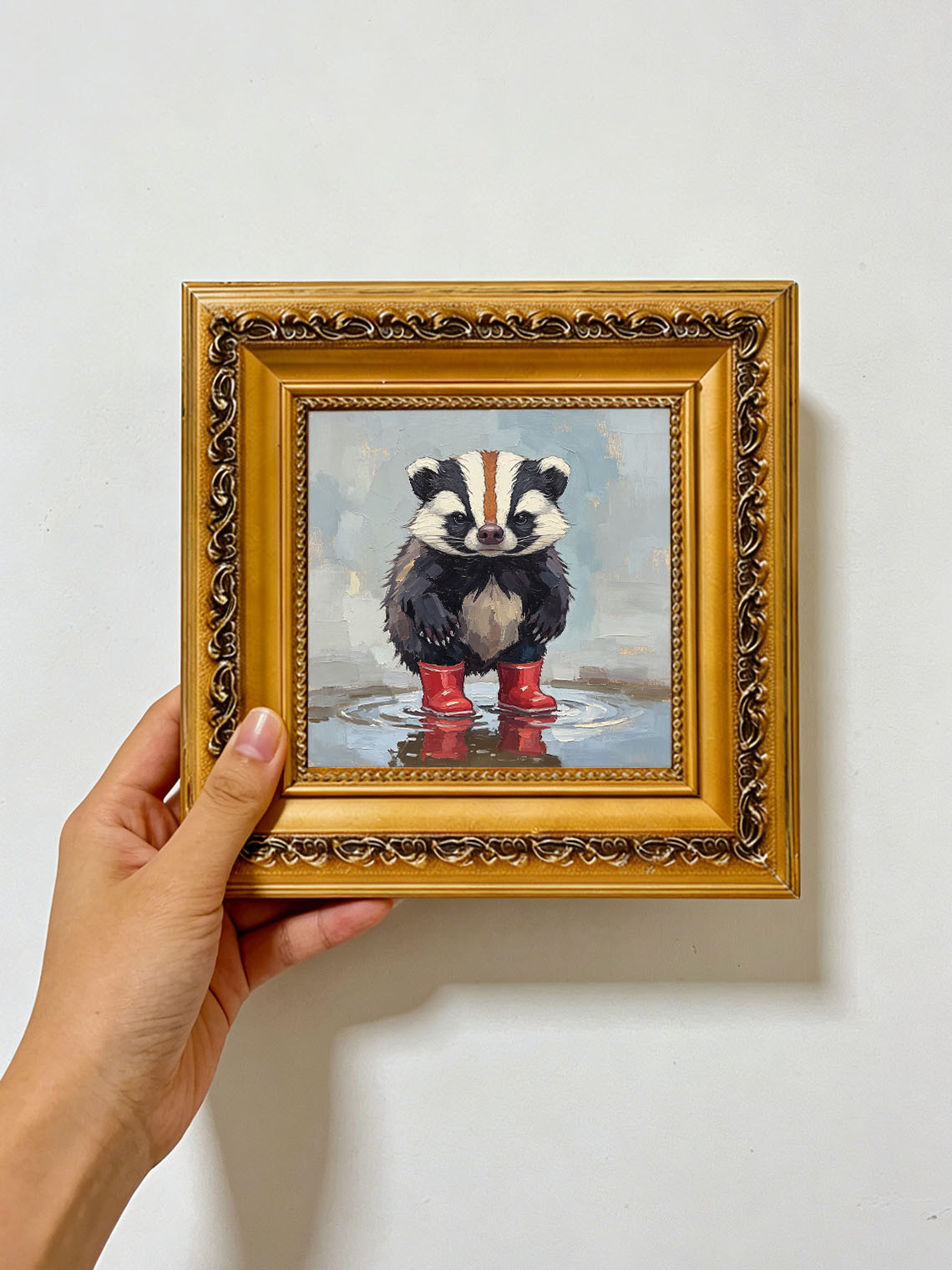 Cute Badger Wearing Red Rain Boots Standing In Puddle Hand Painted Wall Art Custom oil painting from photo, Gift for friend，Size 4x4