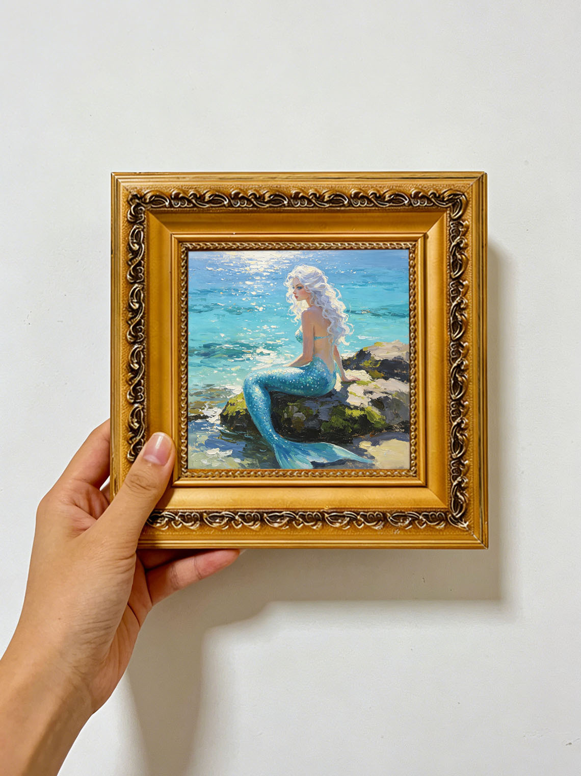 White‑Haired Mermaid Sitting On Coastal Rock By Sparkling Sea Hand Painted Wall Art Custom oil painting from photo, Gift for friend，Size 4x4