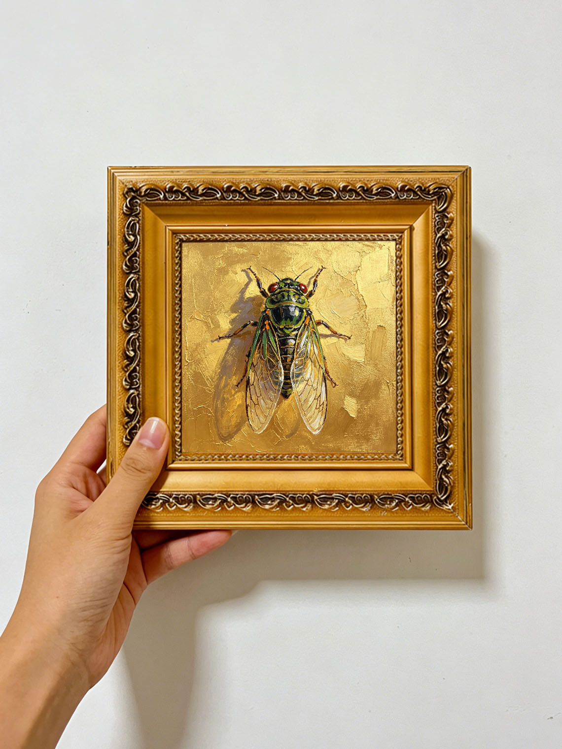 Detailed Cicada Insect Painting On Golden Textured Background Hand Painted Wall Art Custom oil painting from photo, Gift for friend，Size 4x4