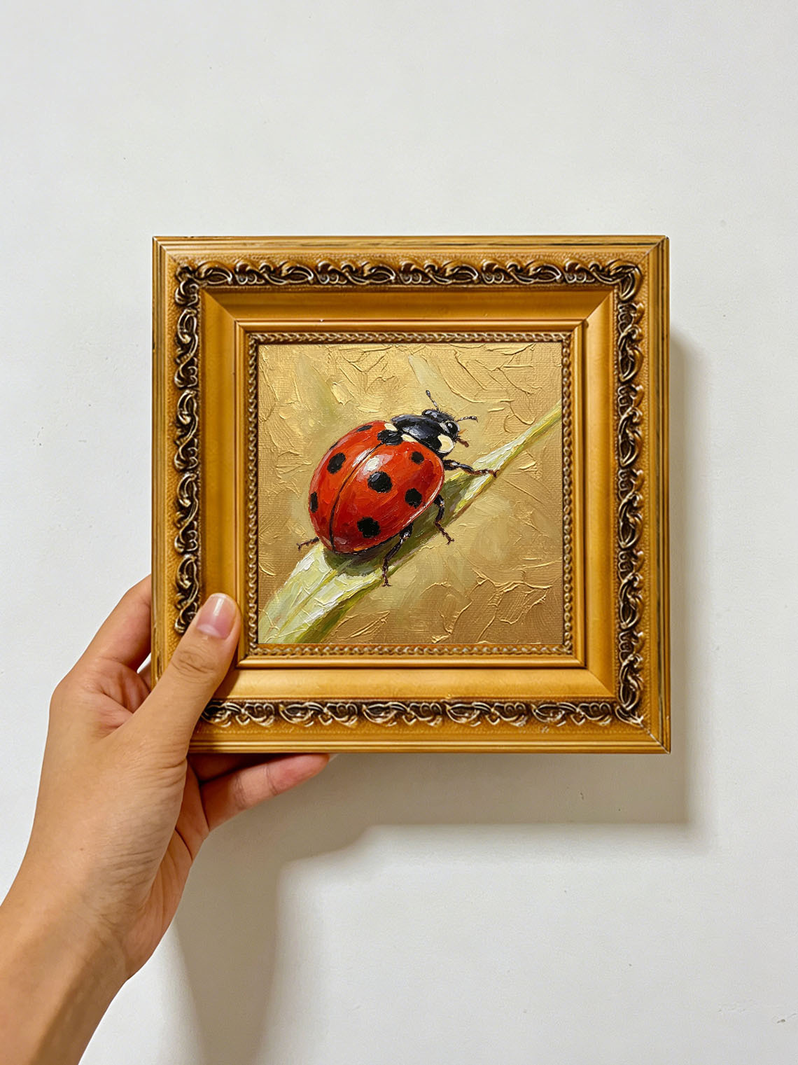 Bright Red Spotted Ladybug On Green Grass Blade Hand Painted Wall Art Custom oil painting from photo, Gift for friend，Size 4x4