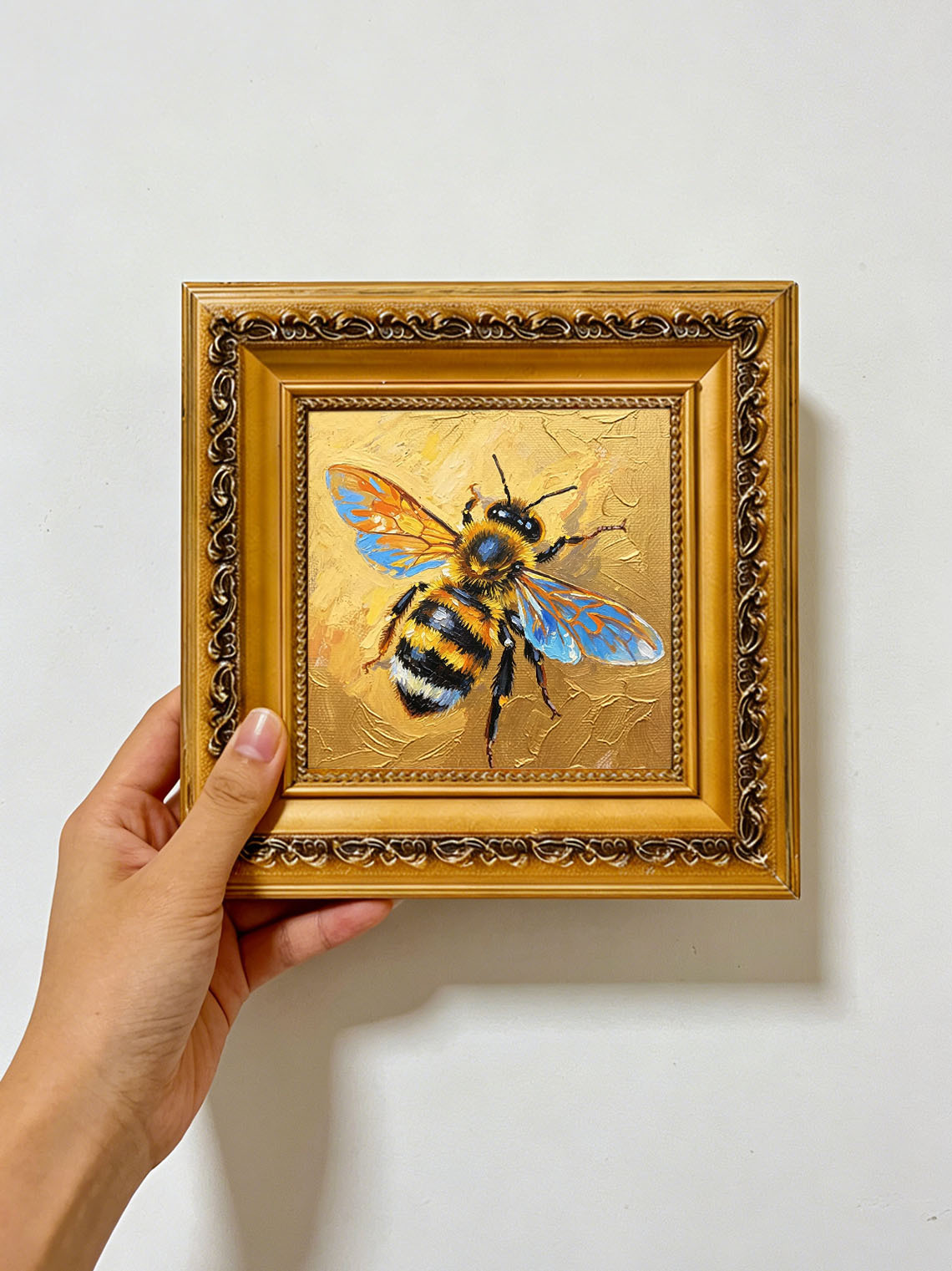 Vibrant Honeybee With Iridescent Blue Wings On Golden Background  Wall Art Custom oil painting from photo, Gift for friend，Size 4x4