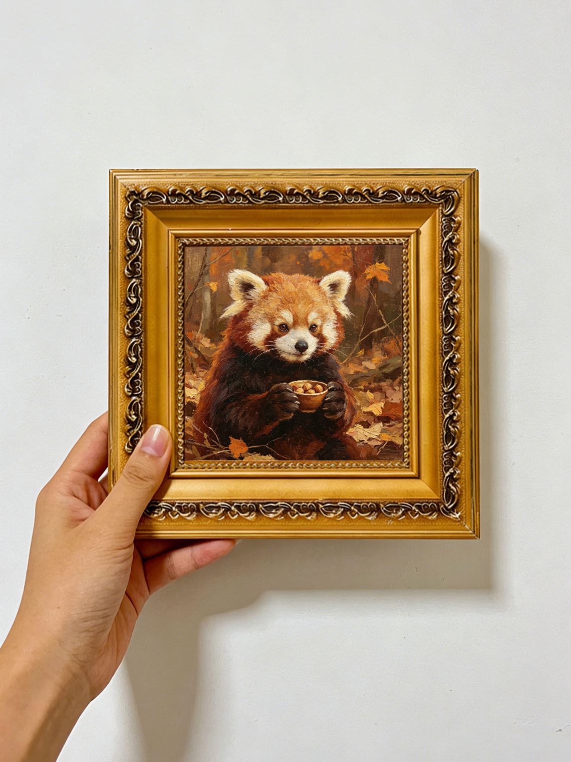 Cute Red Panda Holding Nut Bowl In Autumn Fall Forest Hand Painted Wall Art Custom oil painting from photo, Gift for friend，Size 4x4