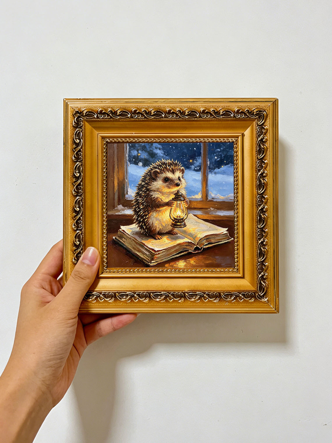 Hedgehog With Glowing Lantern Standing On Open Book By Snowy Winter Window Custom oil painting from photo, Gift for friend，Size 4x4