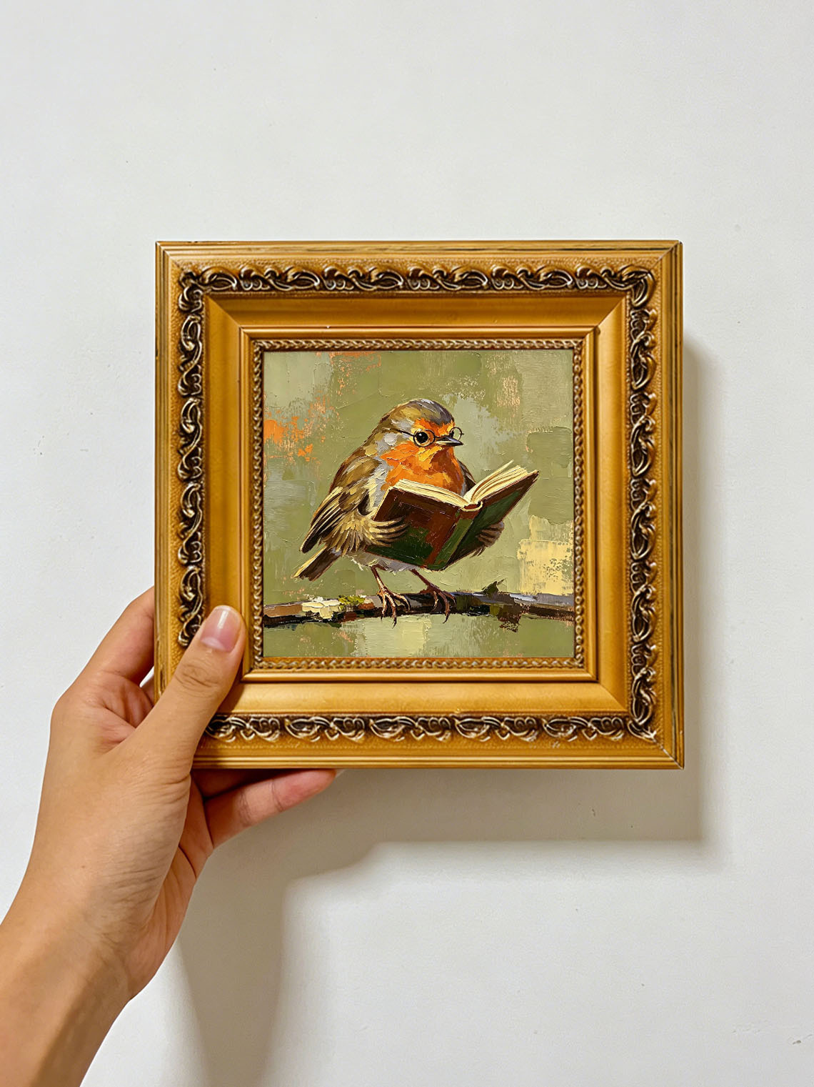 Charming Robin Bird Wearing Glasses Reading Open Book On Branch  Wall Art Custom oil painting from photo, Gift for friend，Size 4x4