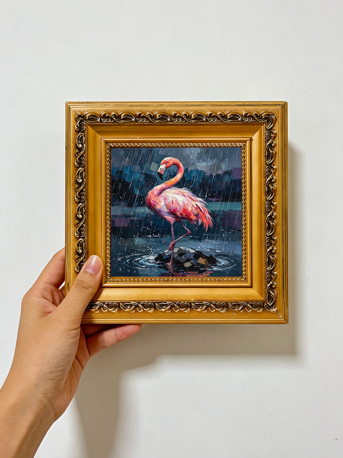 Vibrant Pink Flamingo Standing On Rock In Pouring Rain Over Dark Water  Wall Art Custom oil painting from photo, Gift for friend，Size 4x4