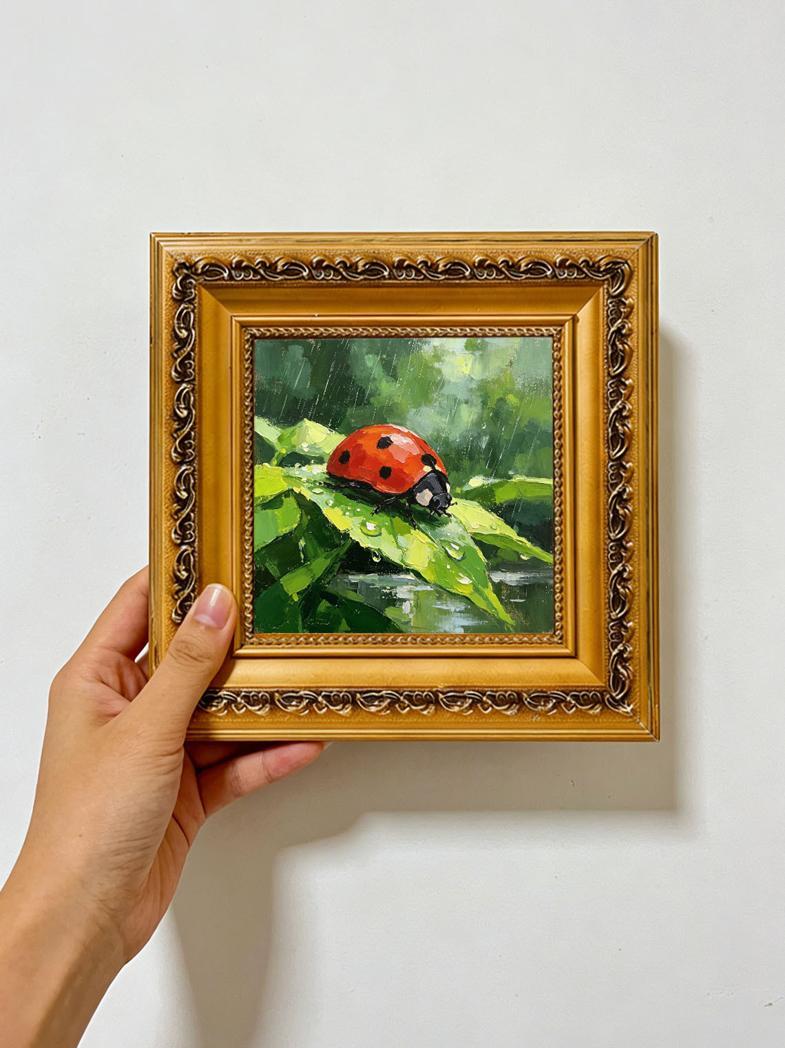 Vivid Red Ladybug On Rain‑Drenched Green Leaf In Lush Foliage Hand Painted Wall Art Custom oil painting from photo, Gift for friend，Size 4x4